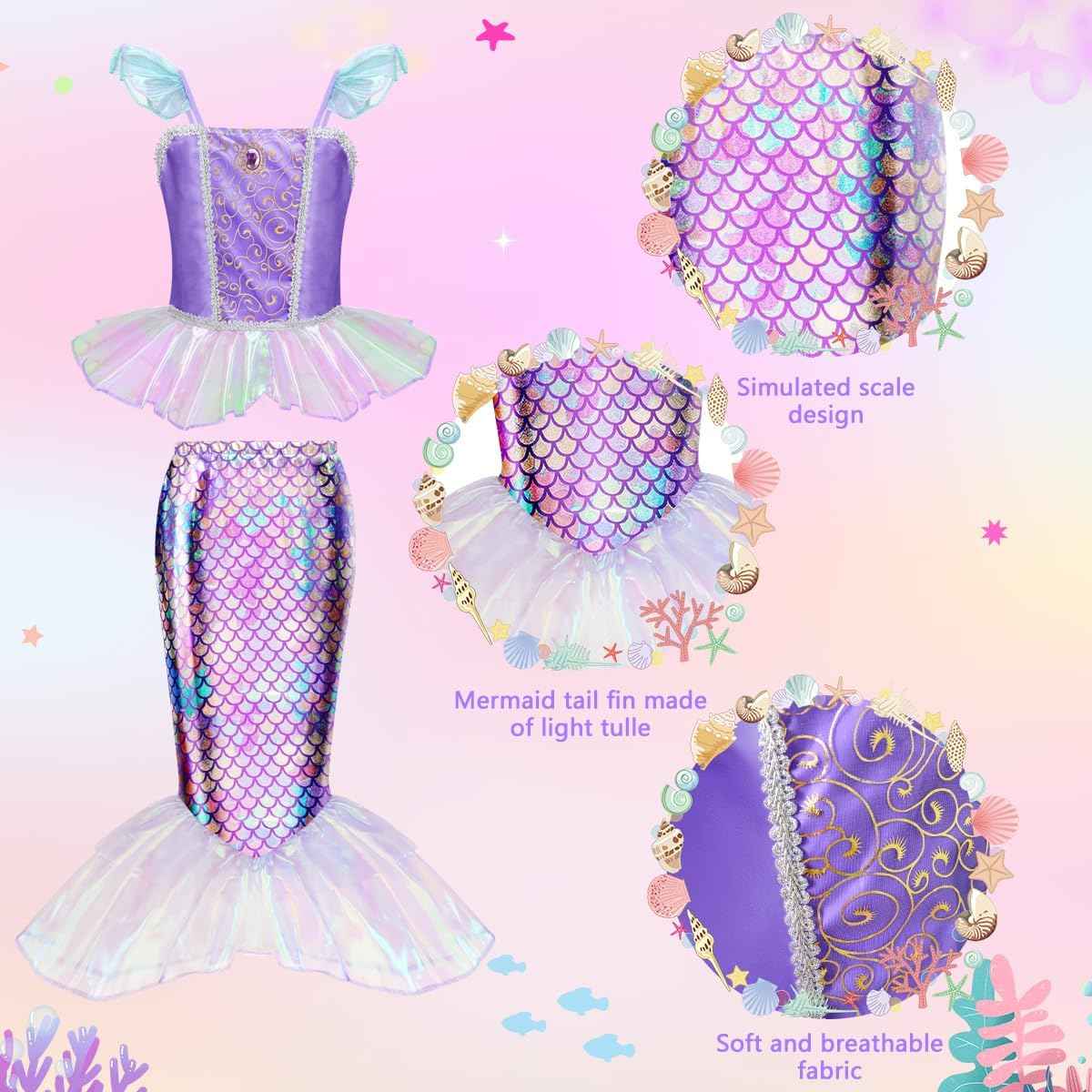 Meland Mermaid Dress - Little Mermaid Costume with Bag for Girls 3-10, Princess Dress Up for Birthday Gift, Halloween Costume