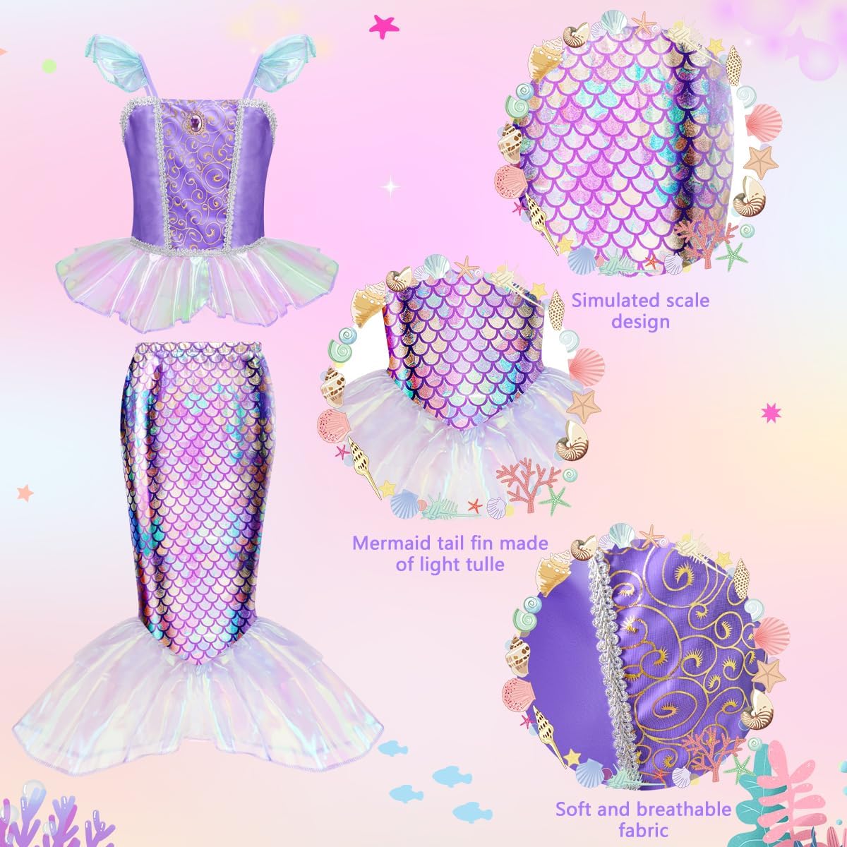 Meland Mermaid Dress - Little Mermaid Costume with Bag for Girls 3-10, Princess Dress Up for Birthday Gift, Halloween Costume