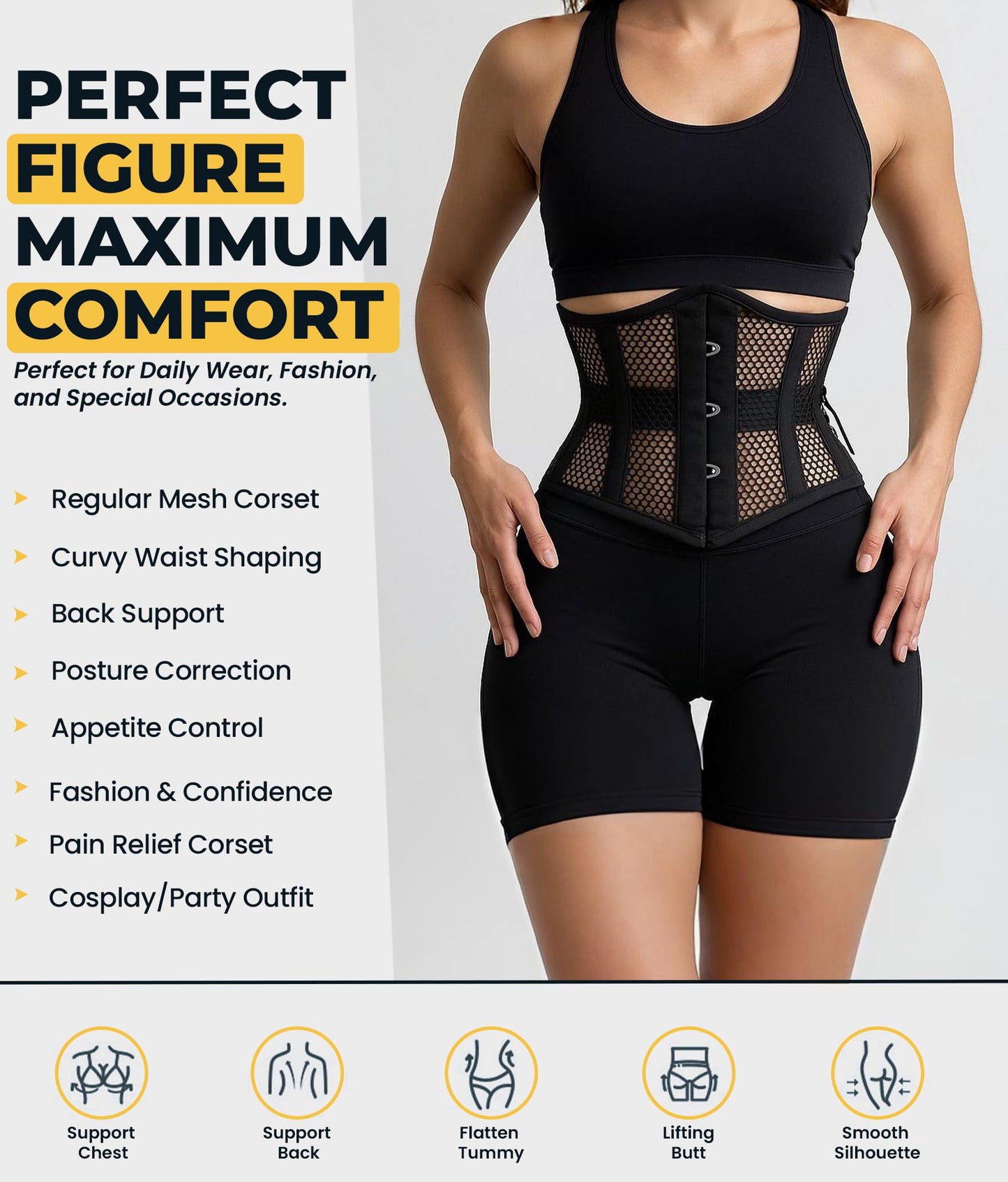 SLIMX Black Corset Underbust Long Torso Steel Boned Waist Trainer for Women Plus Size Heavy Duty Open Cup Corset Hourglass