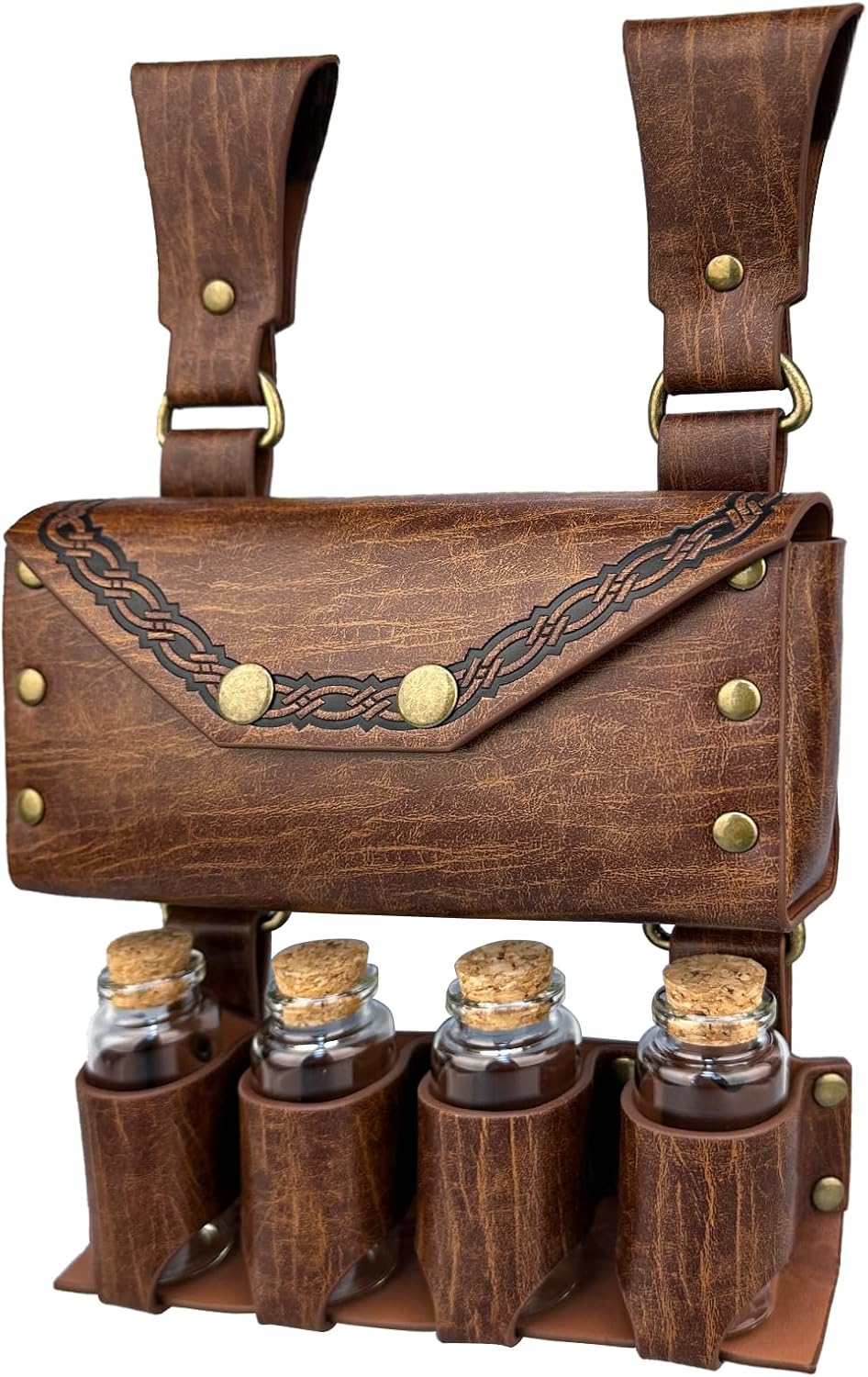 HiiFeuer Medieval Alchemy Faux Leather Belt Bag with 4 Cork Potion Vials, Fantasy Wizard Waist Pouch Side Pack for Ren Faire (Light Brown A)