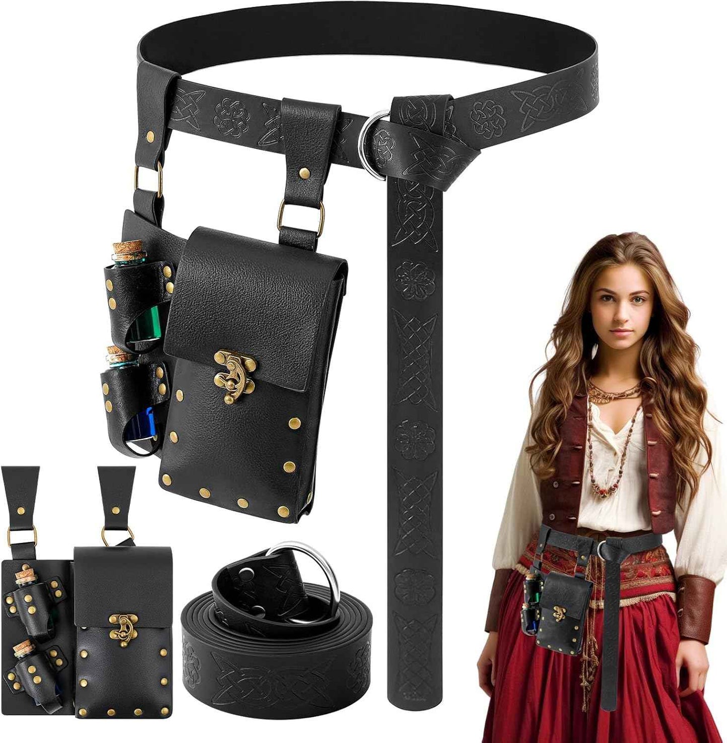 Geyoga Renaissance Belt Pouch with Potion Bottles Halloween Medieval Costume Accessories Waist Bag Cosplay