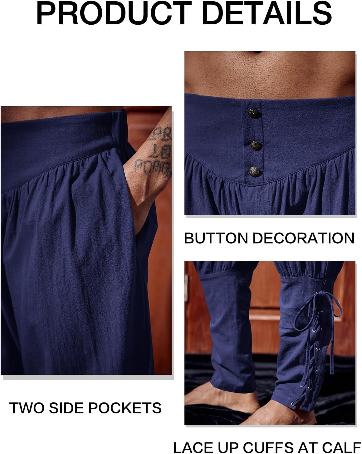 Runcati Mens Medieval Ankle Pants Renaissance Viking Pirate Lace Up Tapered Halloween Linen Costume Trousers