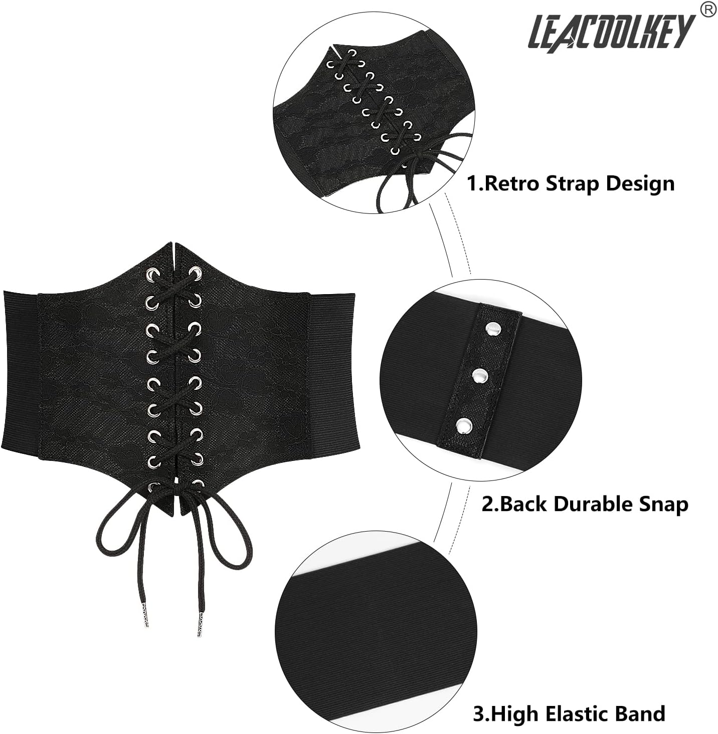 LEACOOLKEY Women Black Tied Waspie Belt, Lace-up Cinch Belt, Corset Elastic Waist Belt