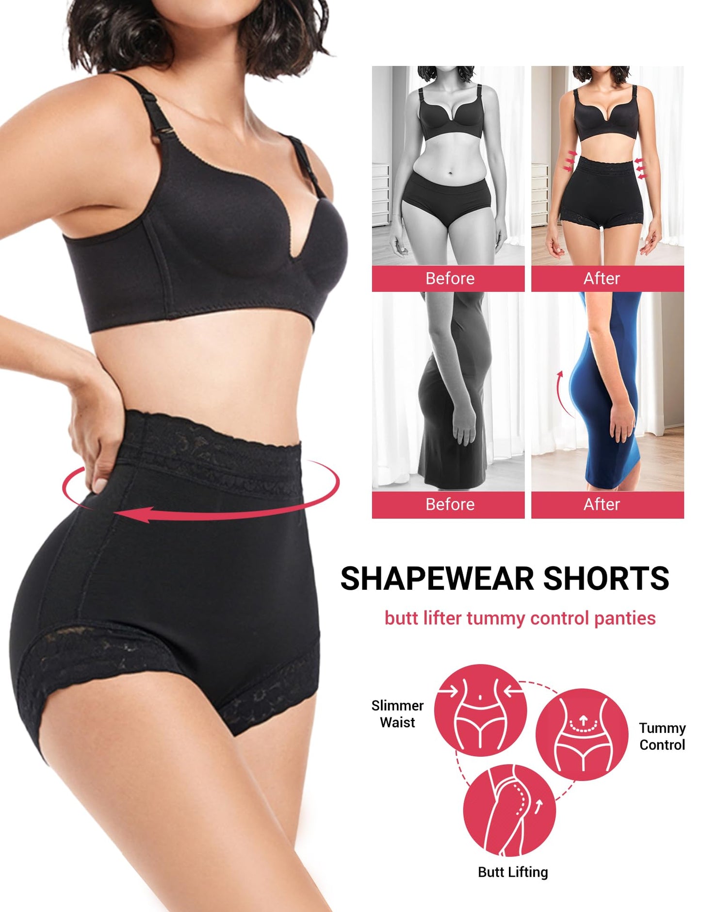 Butt Lifting Panties, Tummy Control Shapewear for Women Compression Underwear Short Lace Butt Lifter Shapewear