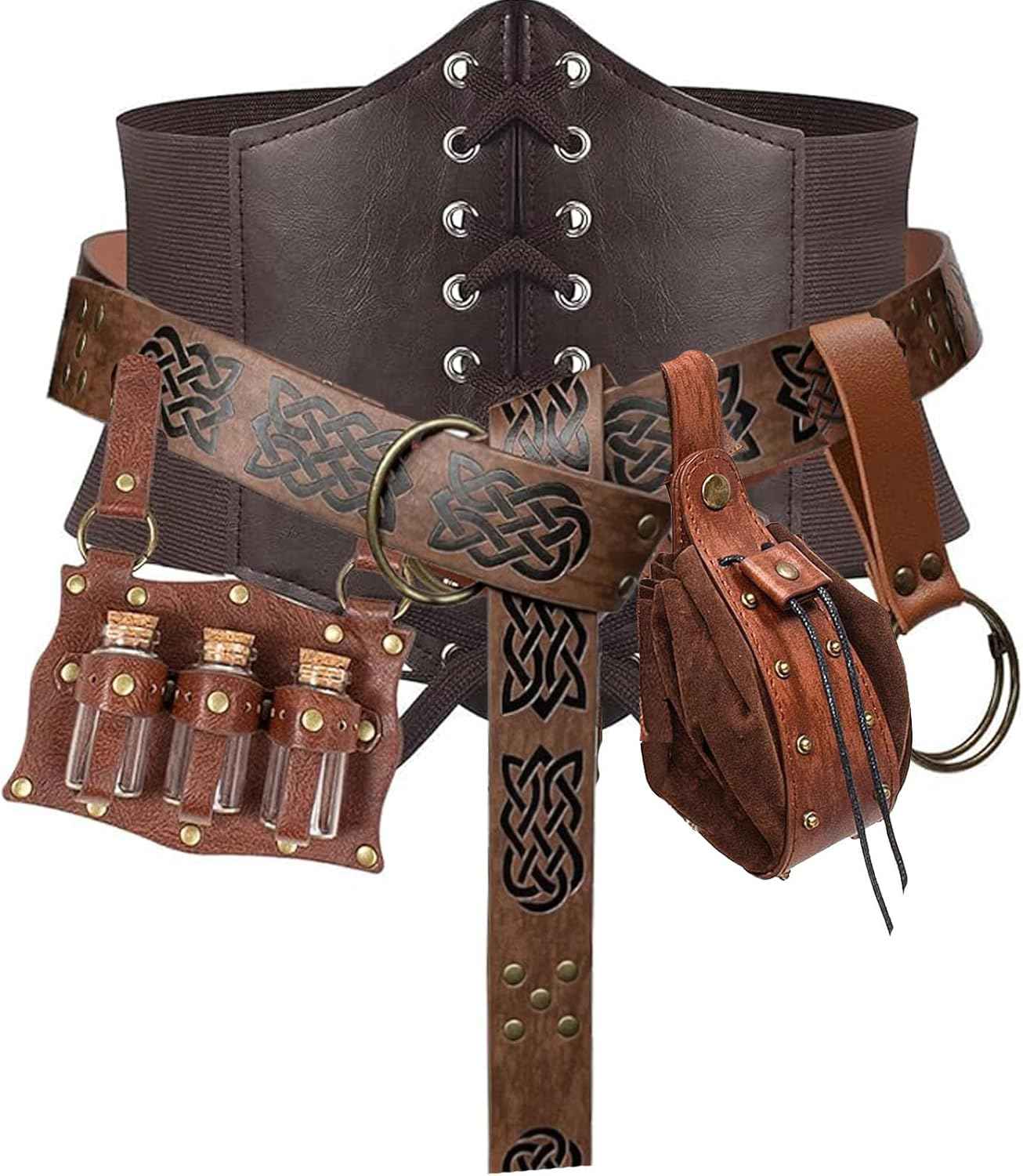 SUMGOGO 5PCS Renaissance Costume Corset Belt Pouch Potion Bottle Vila Sword Frog Hook Medieval Festival Halloween Accessory