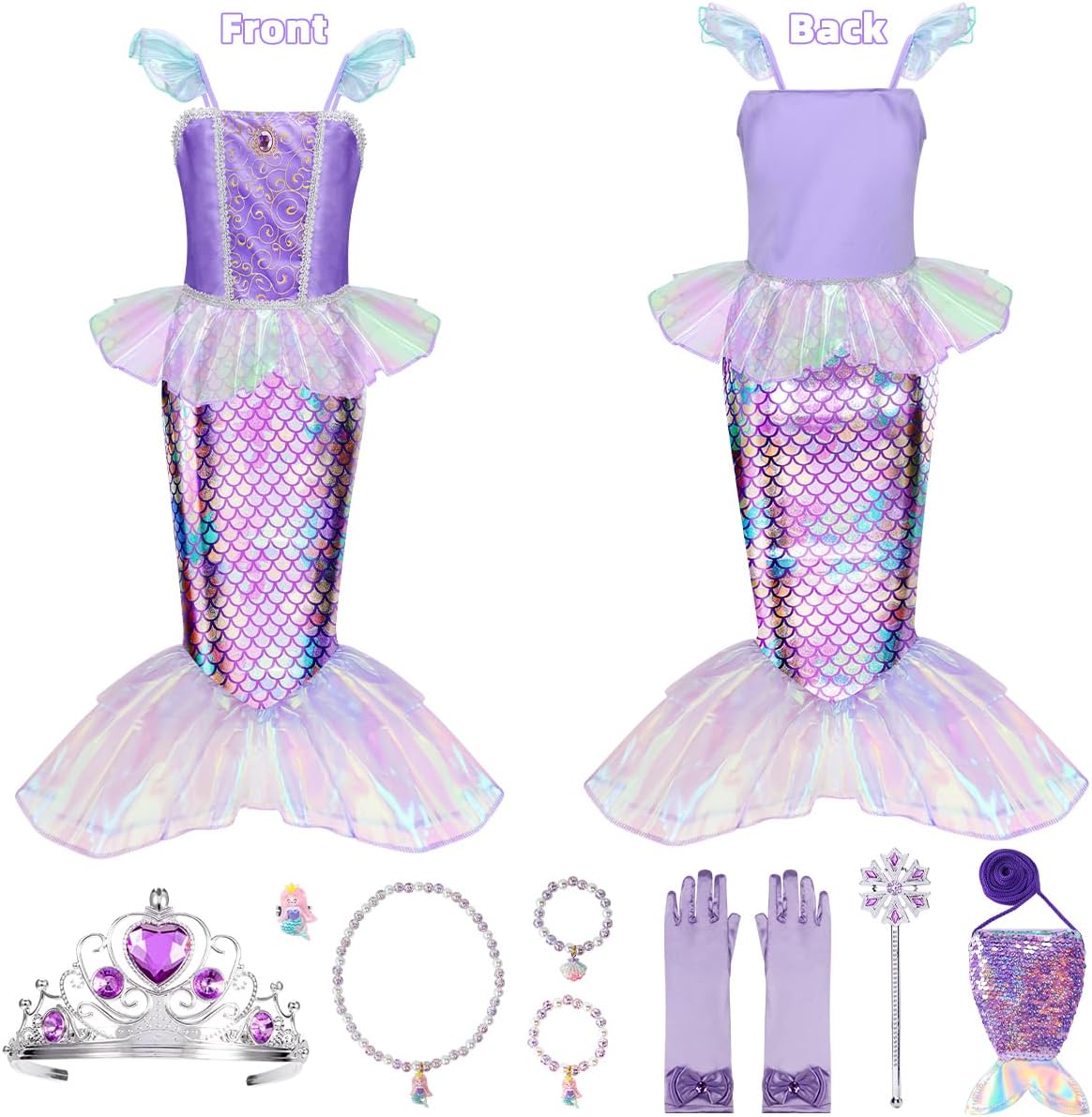 Meland Mermaid Dress - Little Mermaid Costume with Bag for Girls 3-10, Princess Dress Up for Birthday Gift, Halloween Costume