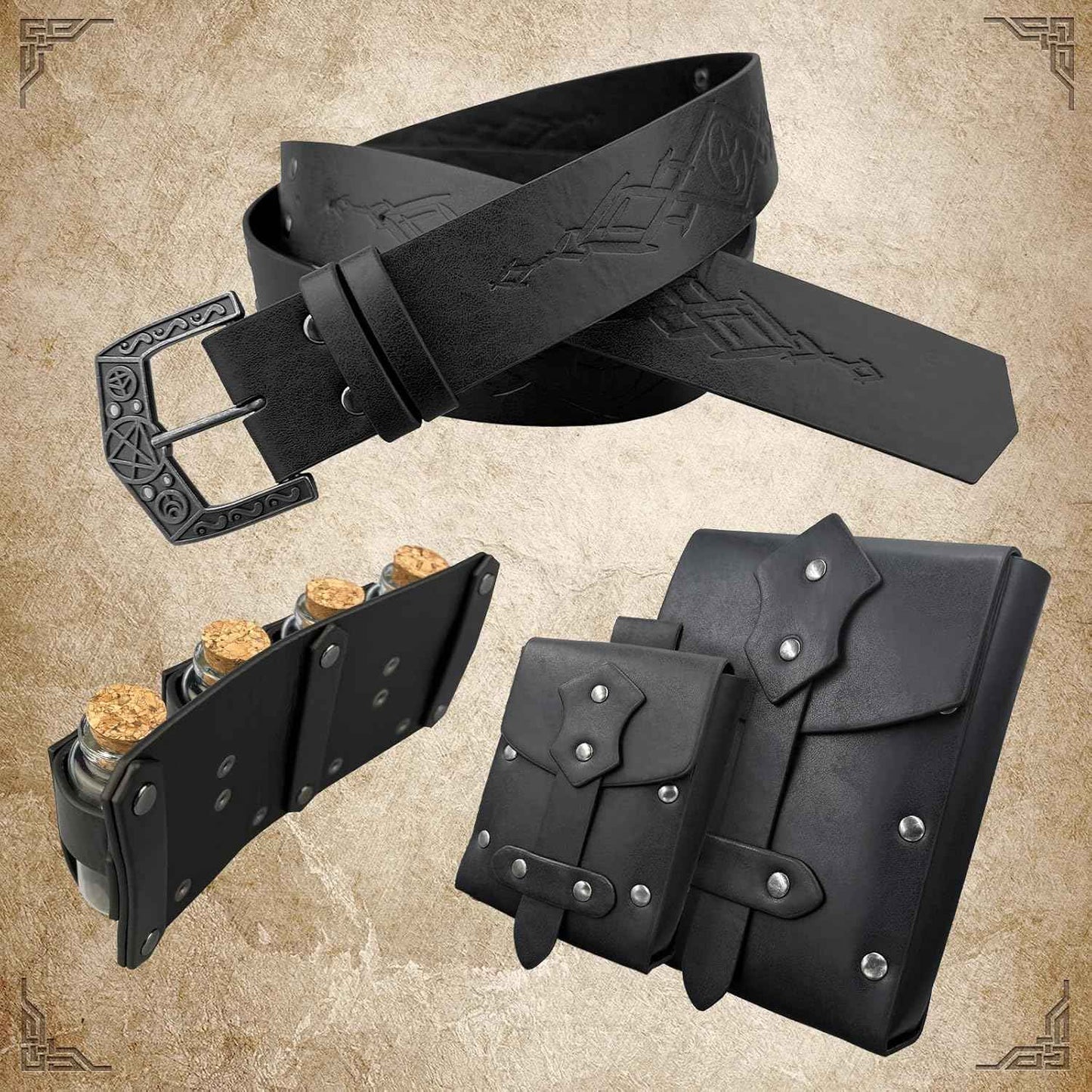 Medieval Alchemy Belt Waist Pack Combo with Multiple Potion Bottles, Viking Rivet Belt Side Pouch for Cosplay
