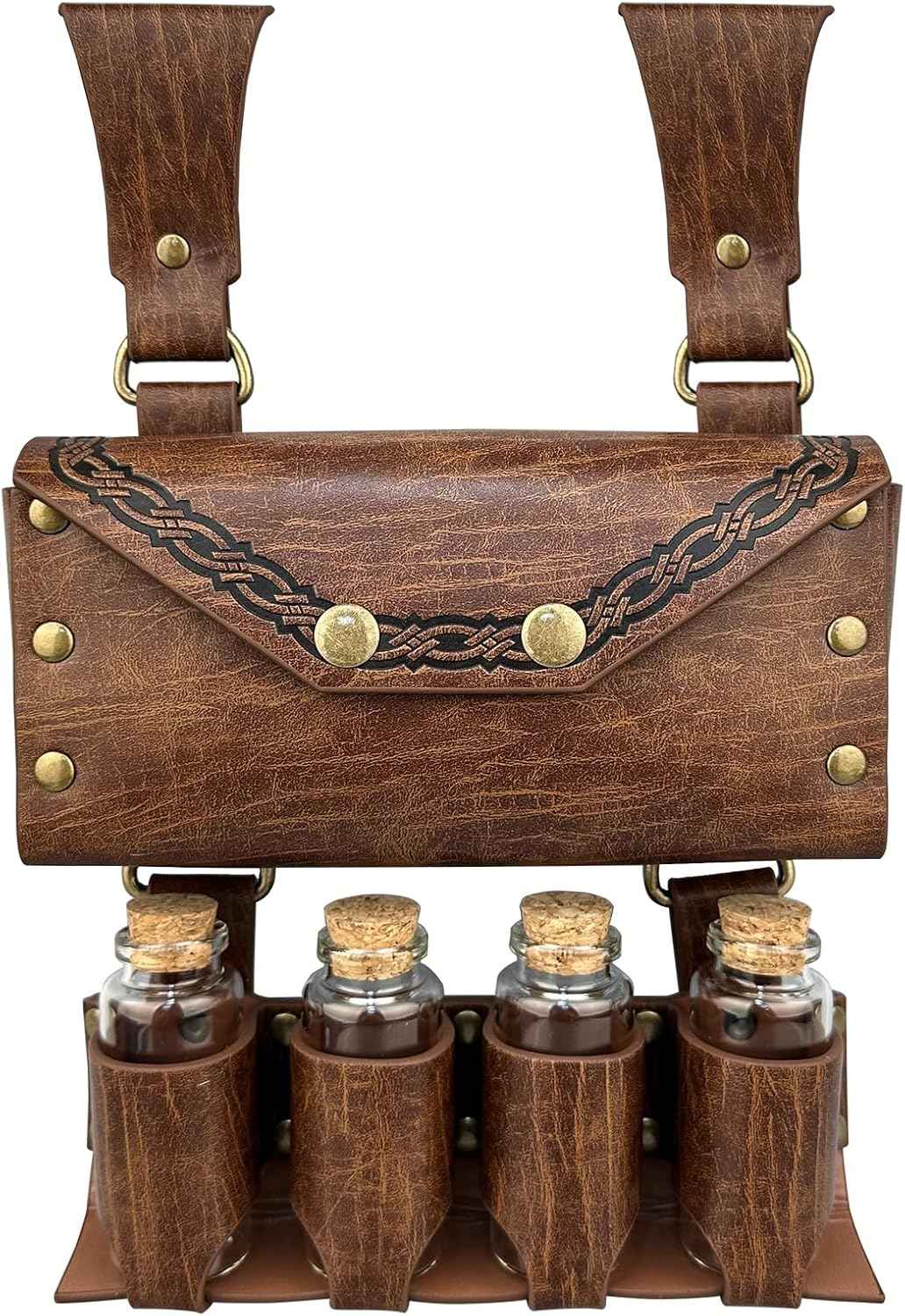 HiiFeuer Medieval Alchemy Faux Leather Belt Bag with 4 Cork Potion Vials, Fantasy Wizard Waist Pouch Side Pack for Ren Faire (Light Brown A)