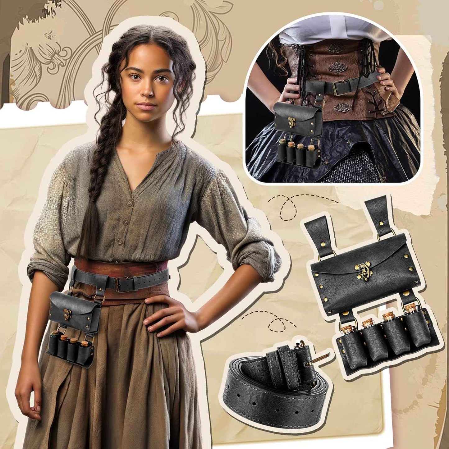 Geyoga Renaissance Belt Pouch with Potion Bottles Halloween Medieval Costume Accessories Waist Bag Cosplay