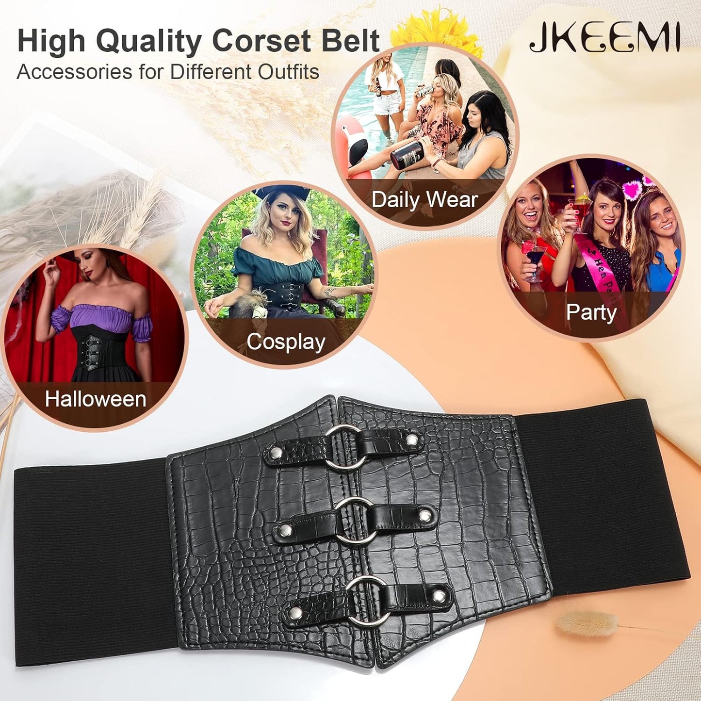 Women Corset Belt Metal O-Ring Heart-Ring Wide Elastic Waspie Waist Belt for Daily Cosplay Halloween Costumes