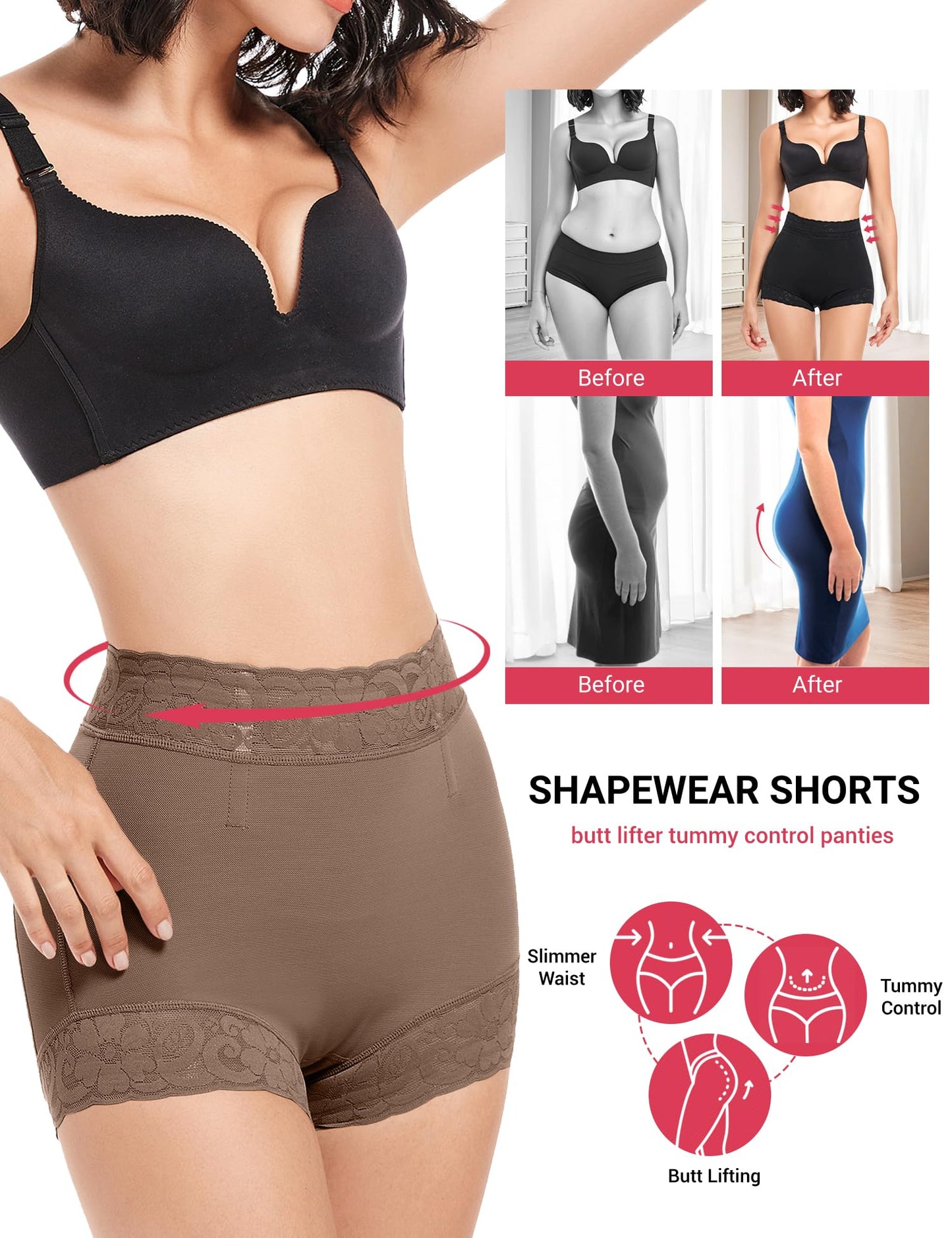 Butt Lifting Panties, Tummy Control Shapewear for Women Compression Underwear Short Lace Butt Lifter Shapewear