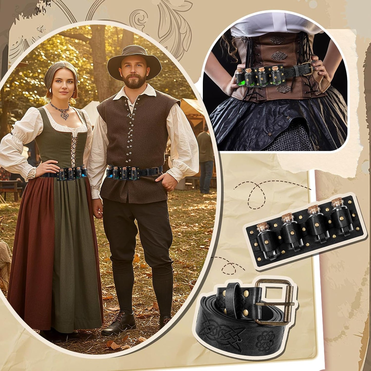 Geyoga Renaissance Belt Pouch with Potion Bottles Halloween Medieval Costume Accessories Waist Bag Cosplay