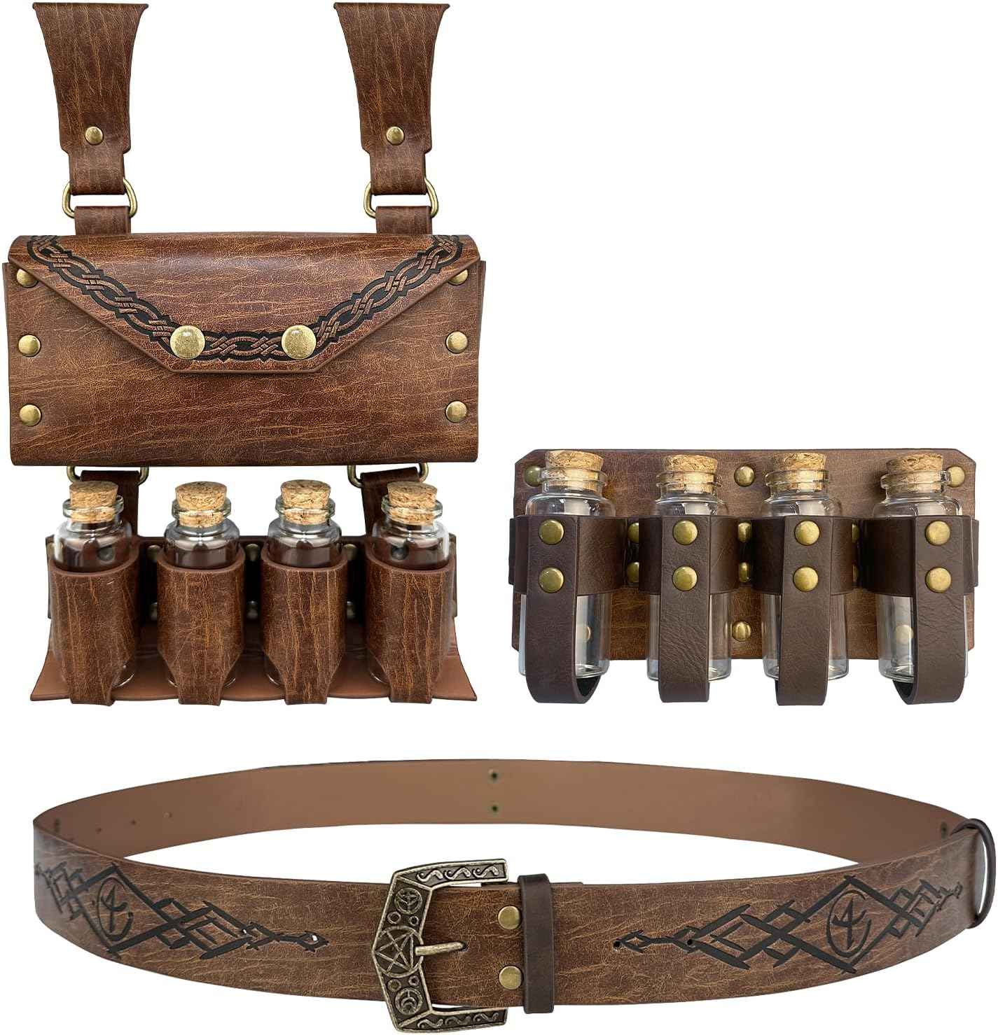 Medieval Alchemy Belt Waist Pack Combo with Multiple Potion Bottles, Viking Rivet Belt Side Pouch for Cosplay