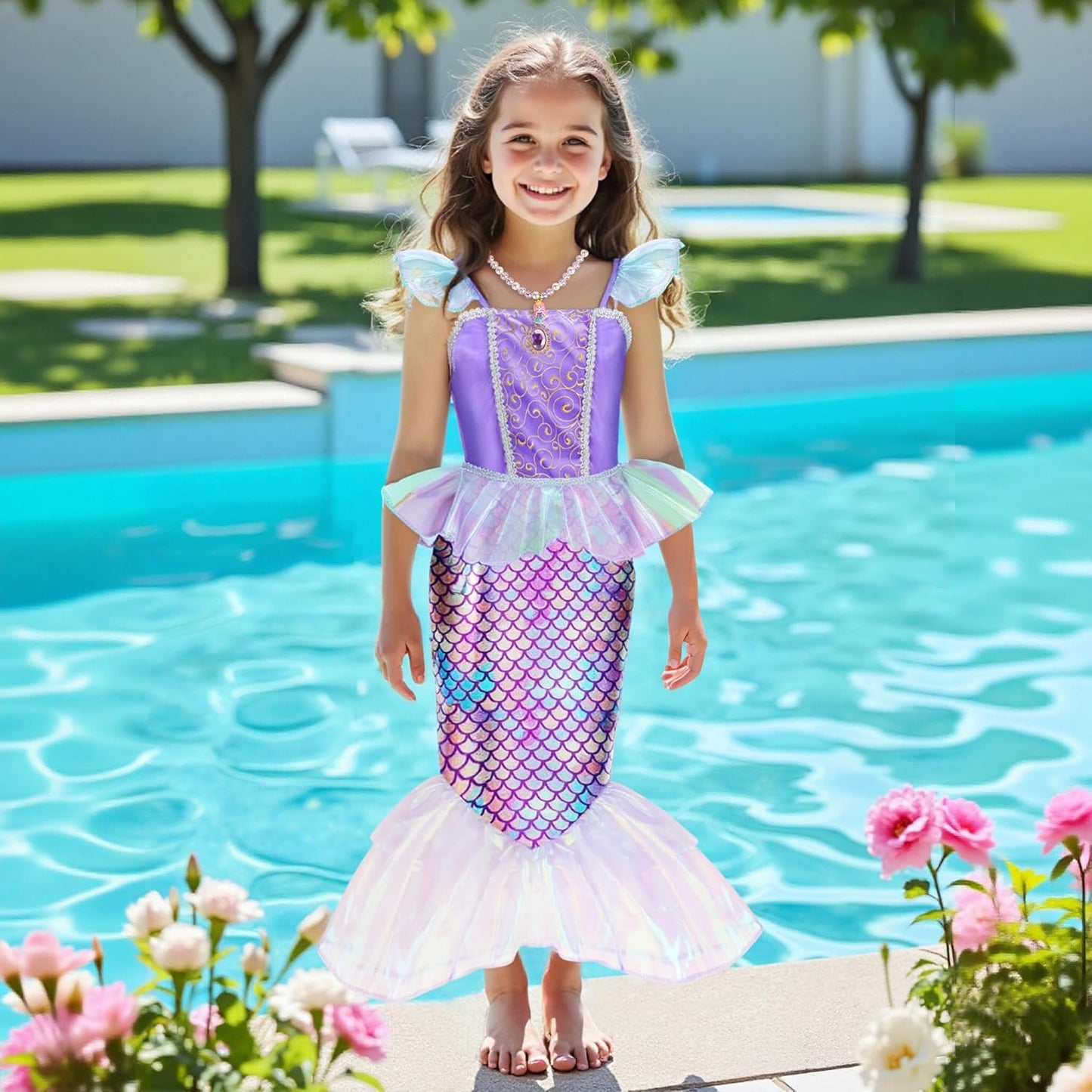 Meland Mermaid Dress - Little Mermaid Costume with Bag for Girls 3-10, Princess Dress Up for Birthday Gift, Halloween Costume