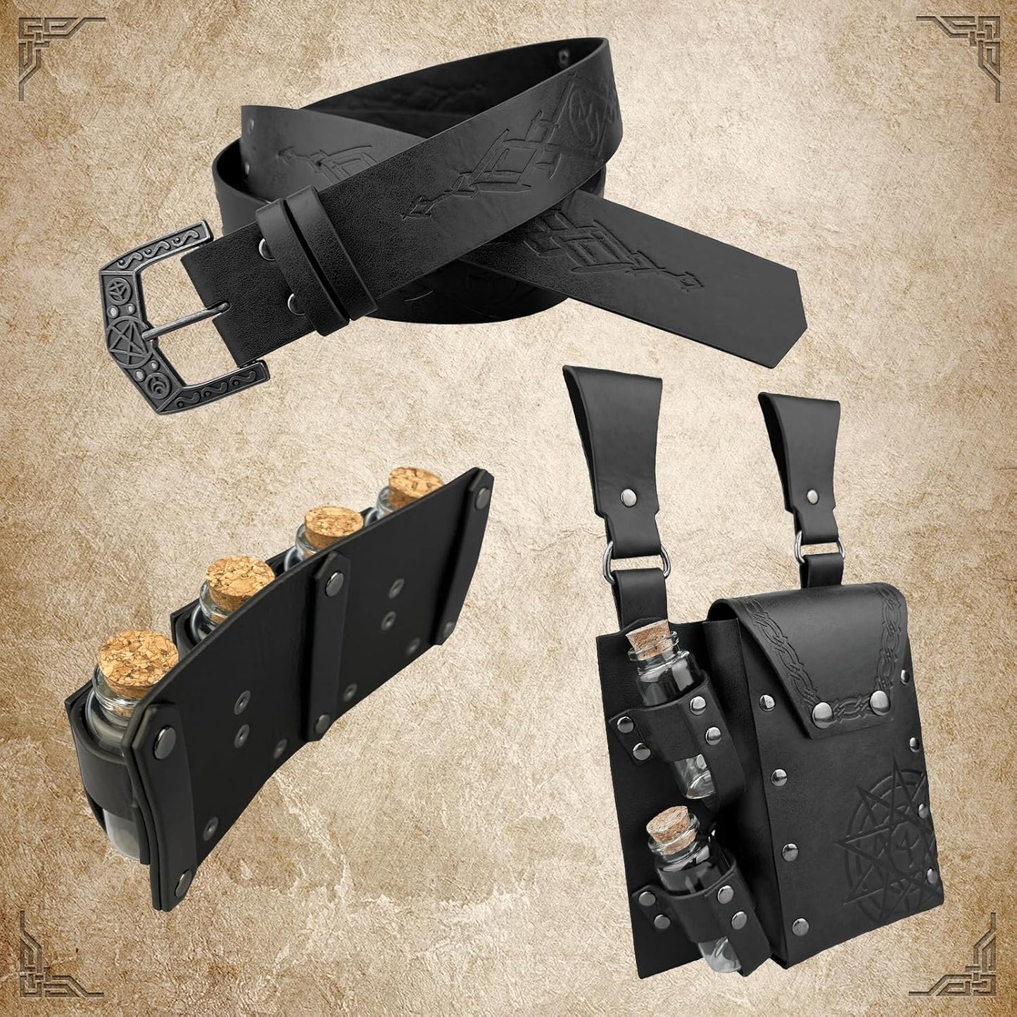 Medieval Alchemy Belt Waist Pack Combo with Multiple Potion Bottles, Viking Rivet Belt Side Pouch for Cosplay