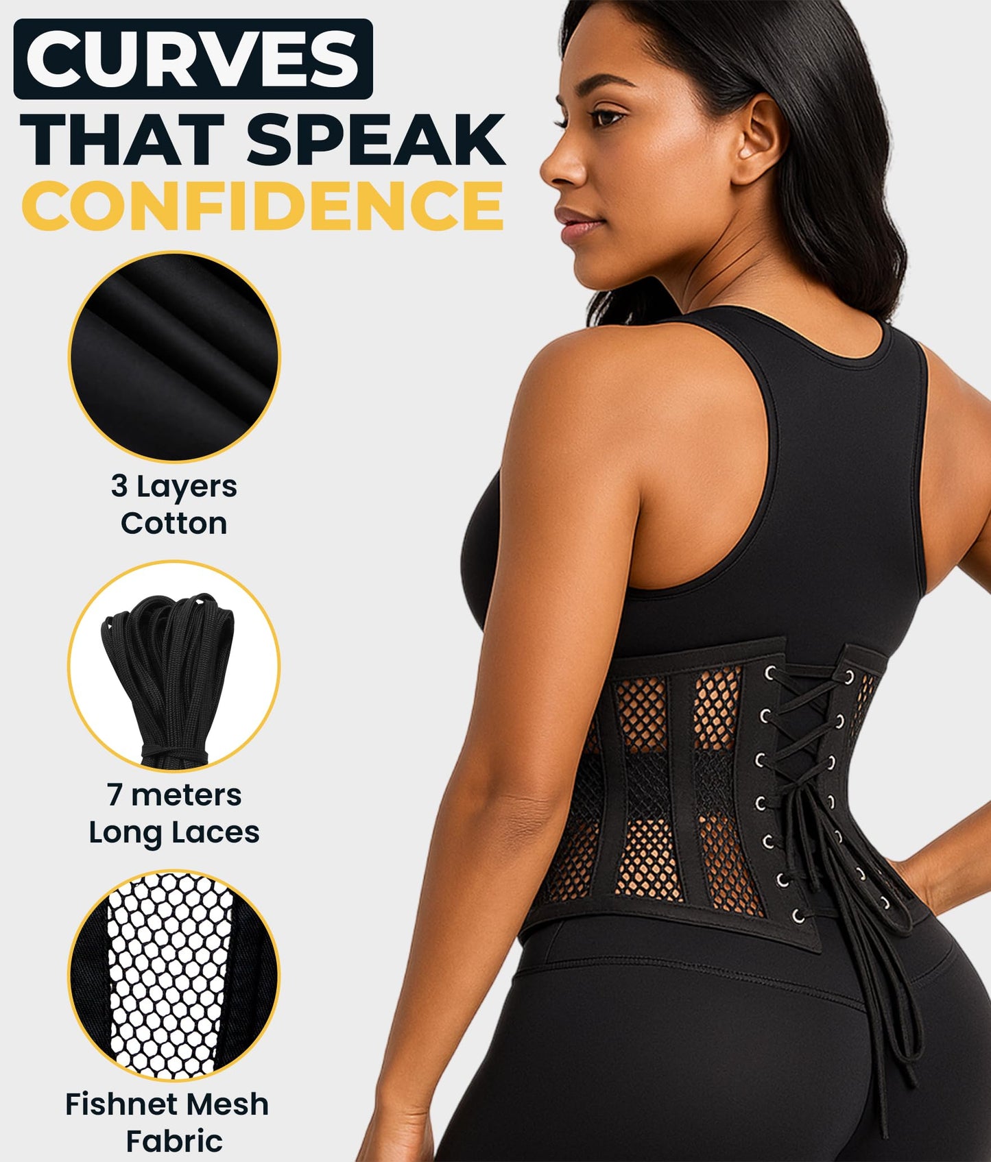 SLIMX Black Corset Underbust Long Torso Steel Boned Waist Trainer for Women Plus Size Heavy Duty Open Cup Corset Hourglass