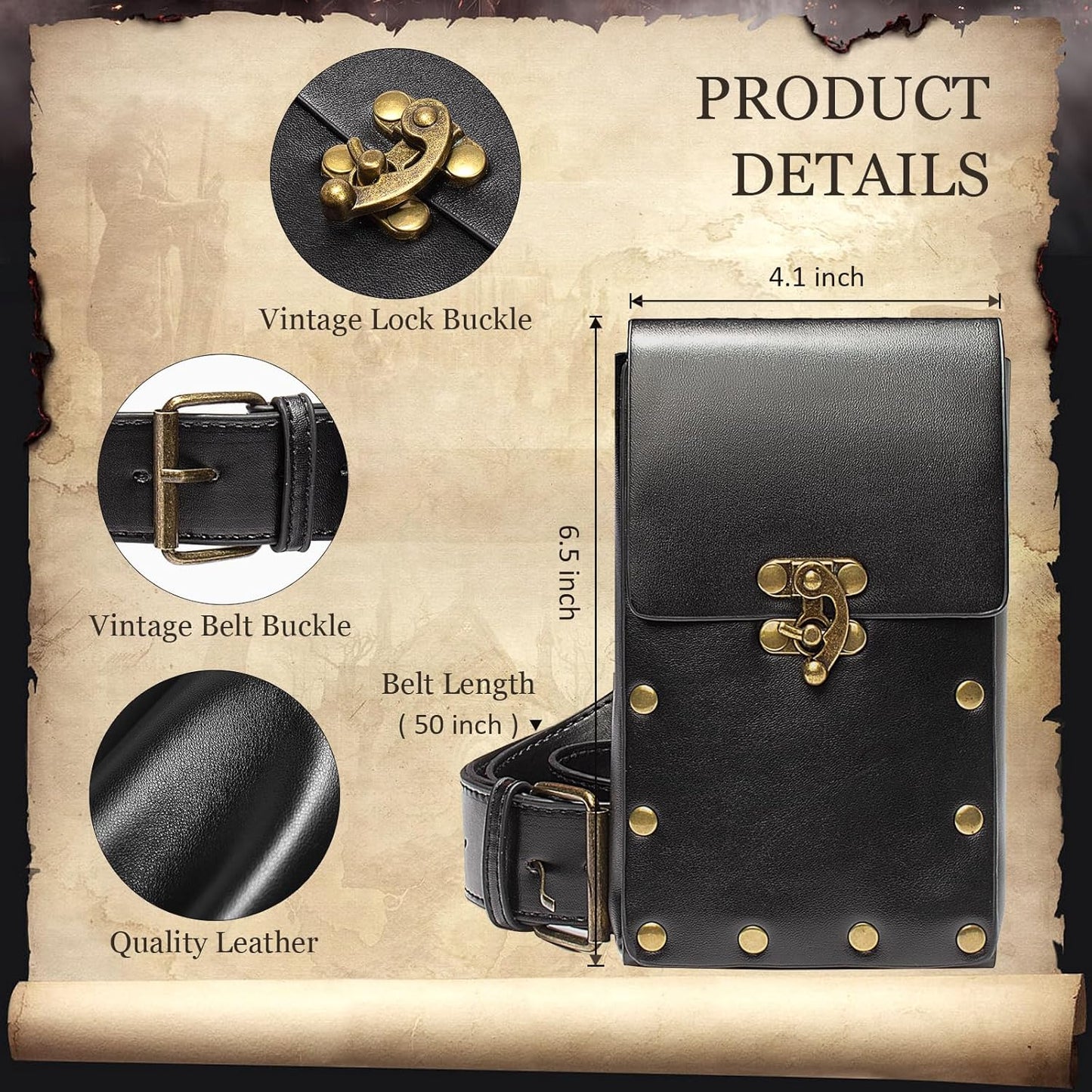 Belt Pouch Waist Bag Fanny Pack Steampunk Phone Holder Medieval Bag Leather Belt Renaissance Cosplay Costume Accessories (Tri-Black)