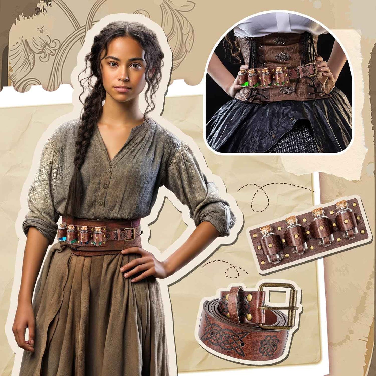 Geyoga Renaissance Belt Pouch with Potion Bottles Halloween Medieval Costume Accessories Waist Bag Cosplay