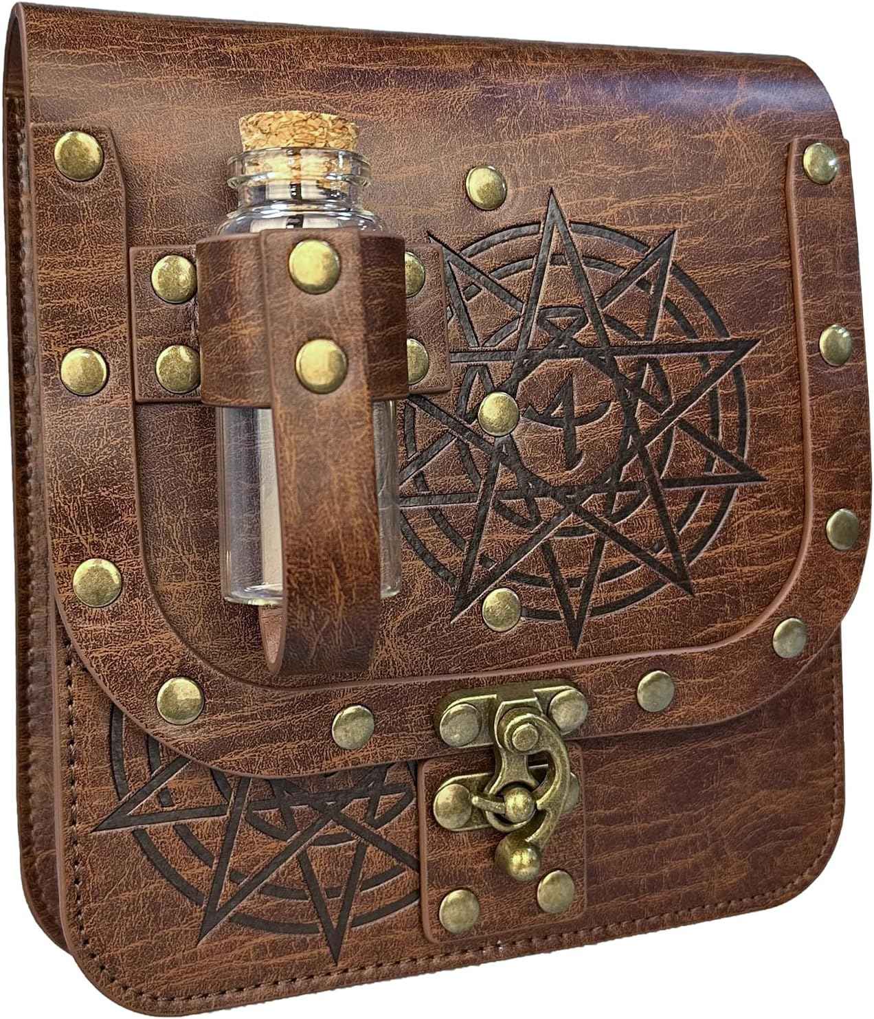 HiiFeuer Medieval Alchemy Faux Leather Belt Bag with 4 Cork Potion Vials, Fantasy Wizard Waist Pouch Side Pack for Ren Faire (Light Brown A)