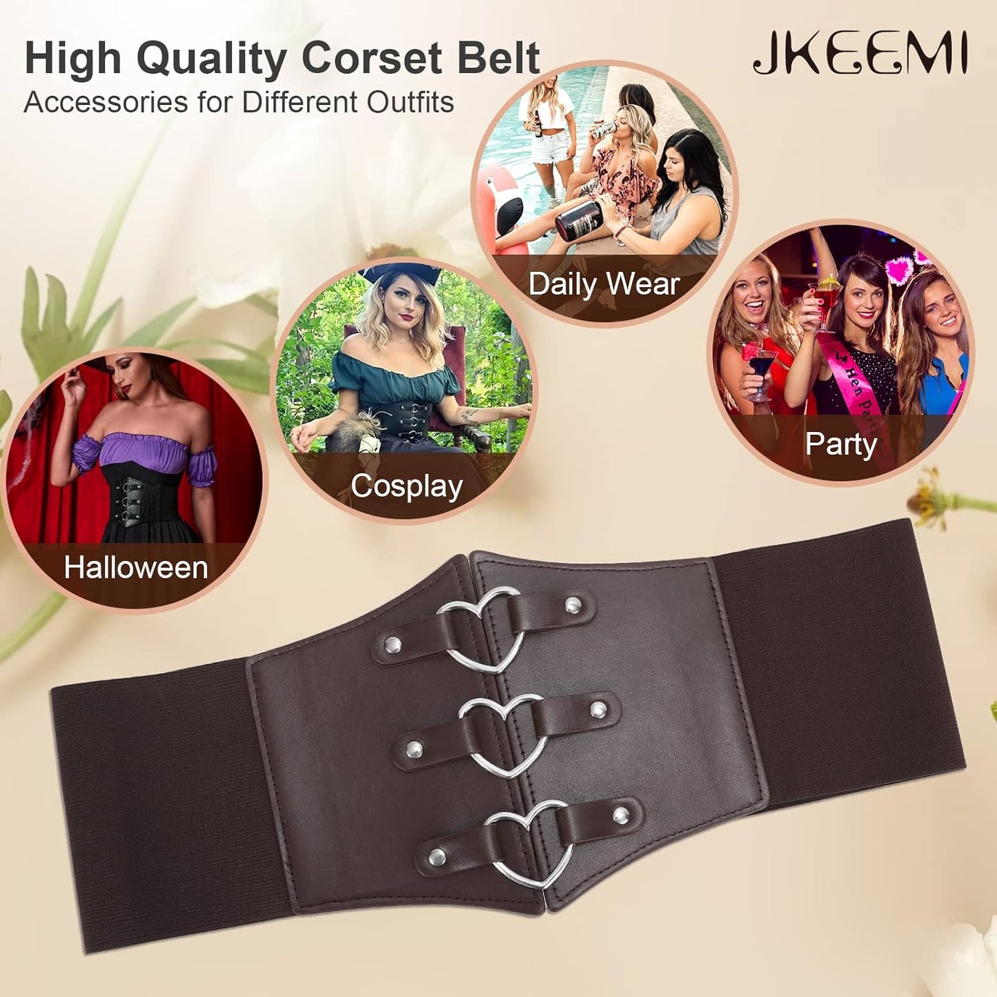 Women Corset Belt Metal O-Ring Heart-Ring Wide Elastic Waspie Waist Belt for Daily Cosplay Halloween Costumes