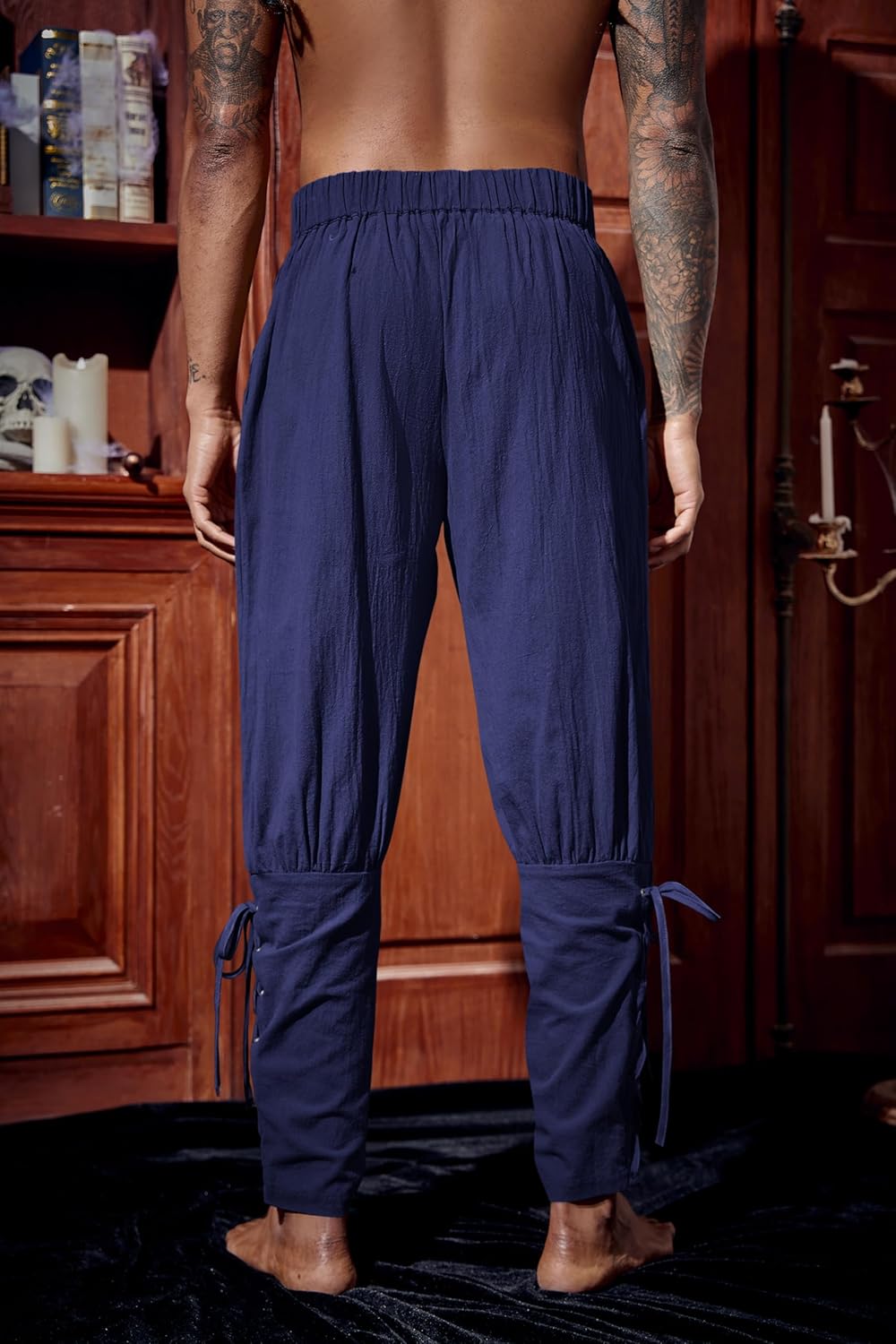 Runcati Mens Medieval Ankle Pants Renaissance Viking Pirate Lace Up Tapered Halloween Linen Costume Trousers