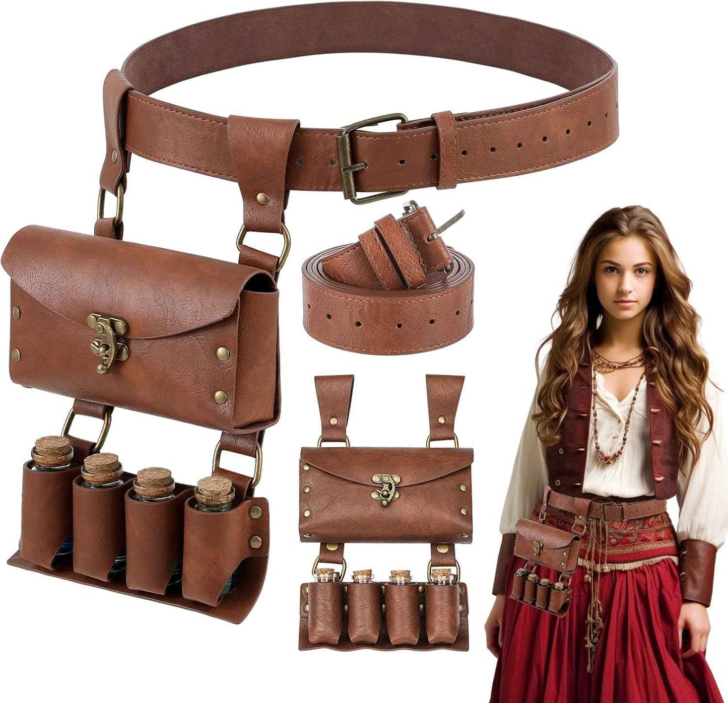 Geyoga Renaissance Belt Pouch with Potion Bottles Halloween Medieval Costume Accessories Waist Bag Cosplay
