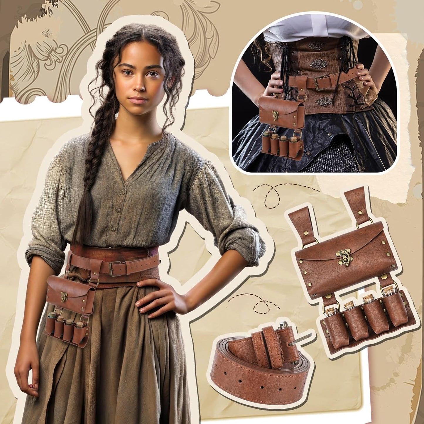Geyoga Renaissance Belt Pouch with Potion Bottles Halloween Medieval Costume Accessories Waist Bag Cosplay