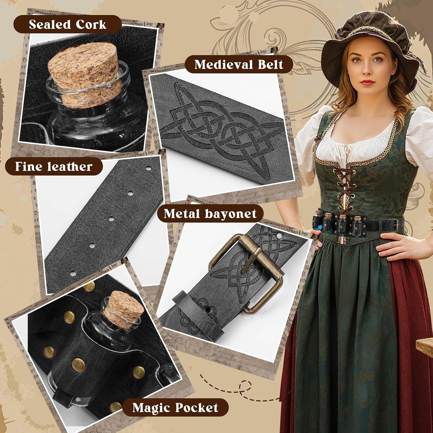Geyoga Renaissance Belt Pouch with Potion Bottles Halloween Medieval Costume Accessories Waist Bag Cosplay