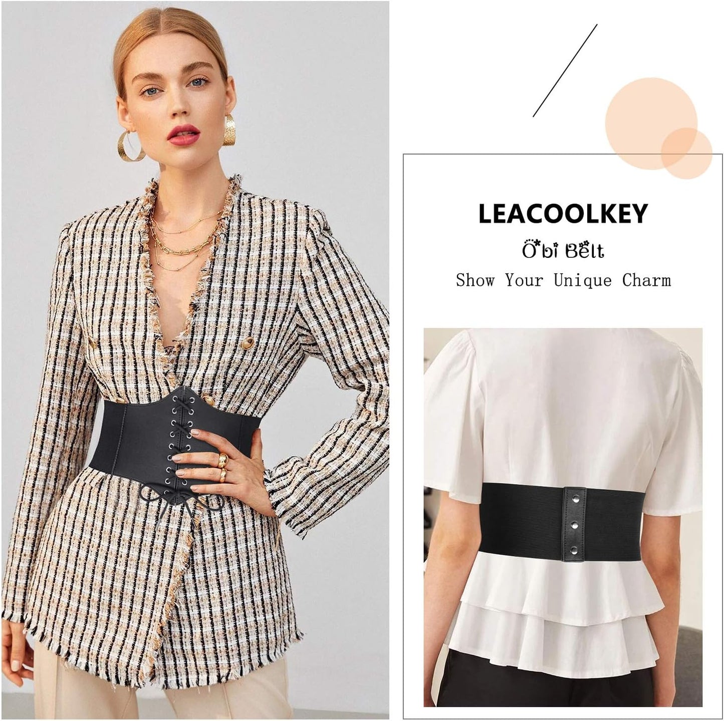 LEACOOLKEY Women Black Tied Waspie Belt, Lace-up Cinch Belt, Corset Elastic Waist Belt