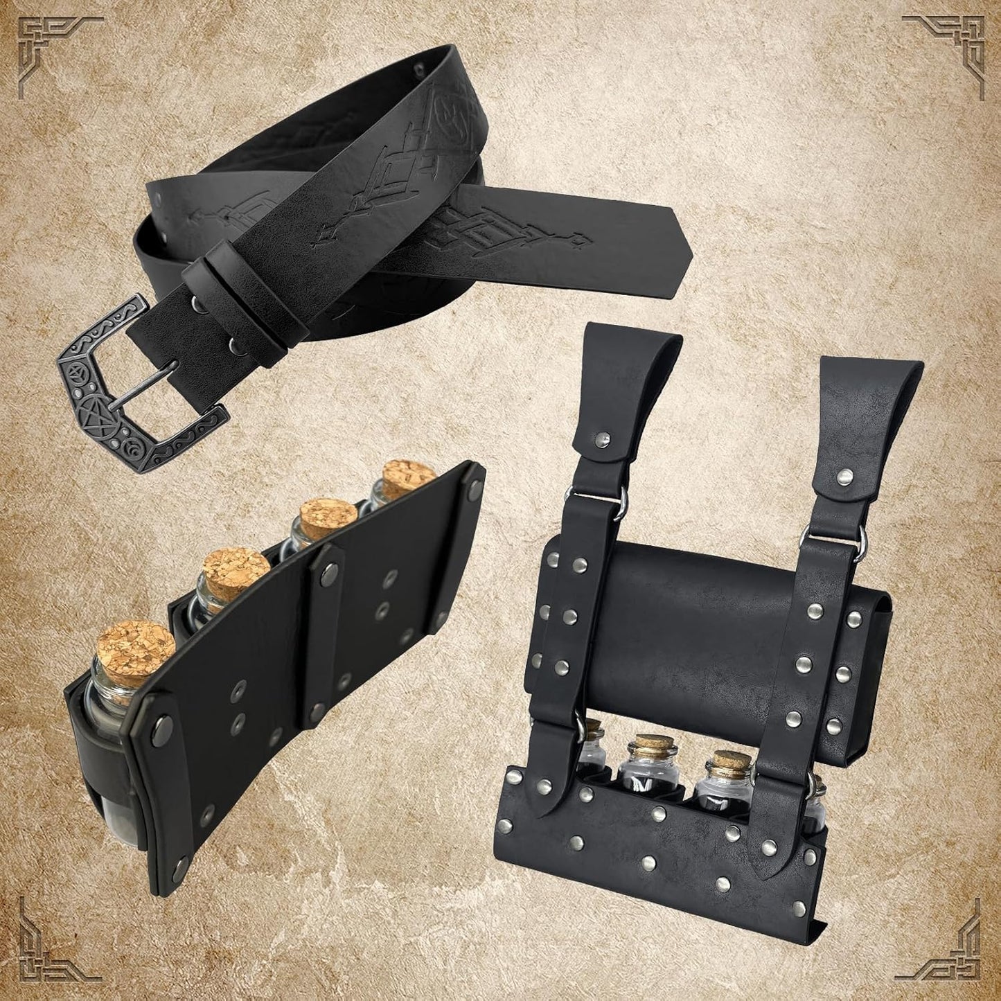 Medieval Alchemy Belt Waist Pack Combo with Multiple Potion Bottles, Viking Rivet Belt Side Pouch for Cosplay