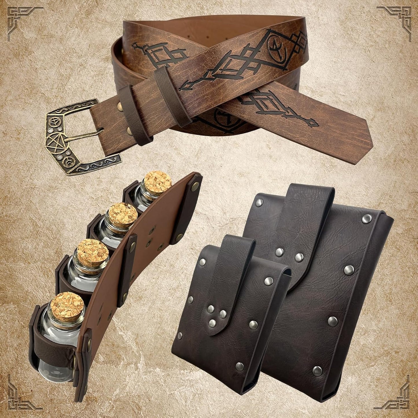 Medieval Alchemy Belt Waist Pack Combo with Multiple Potion Bottles, Viking Rivet Belt Side Pouch for Cosplay