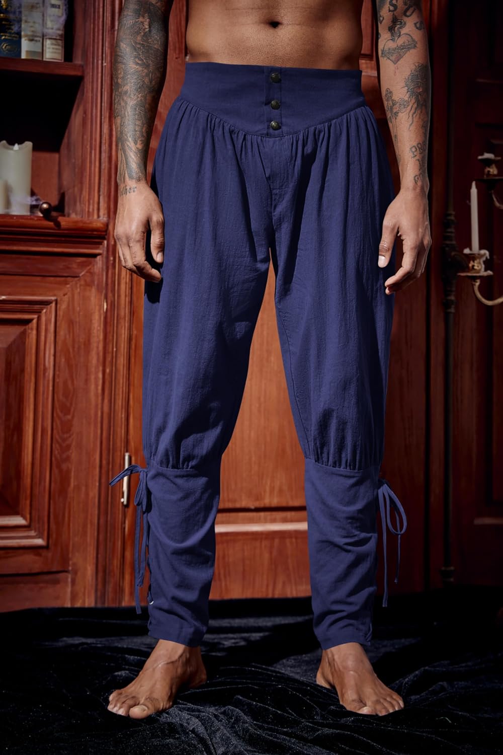 Runcati Mens Medieval Ankle Pants Renaissance Viking Pirate Lace Up Tapered Halloween Linen Costume Trousers
