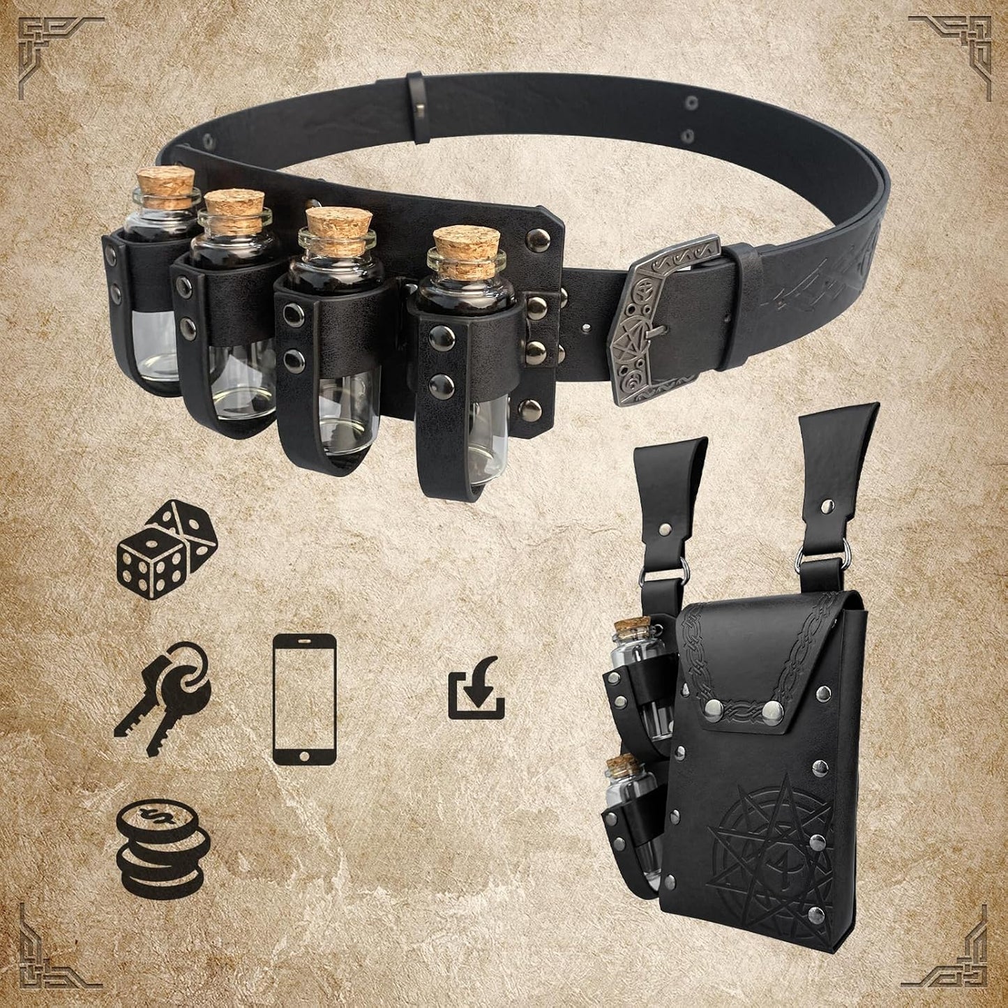 Medieval Alchemy Belt Waist Pack Combo with Multiple Potion Bottles, Viking Rivet Belt Side Pouch for Cosplay