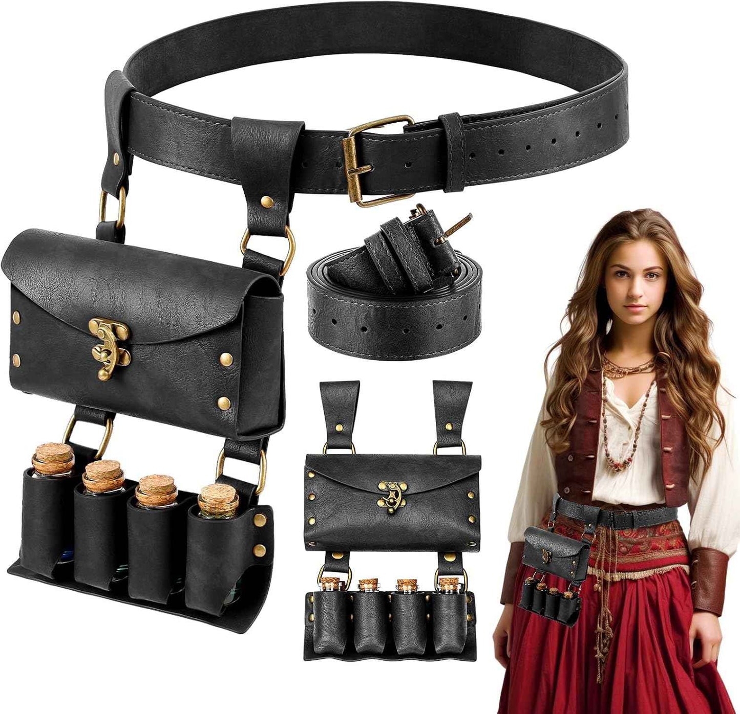 Geyoga Renaissance Belt Pouch with Potion Bottles Halloween Medieval Costume Accessories Waist Bag Cosplay