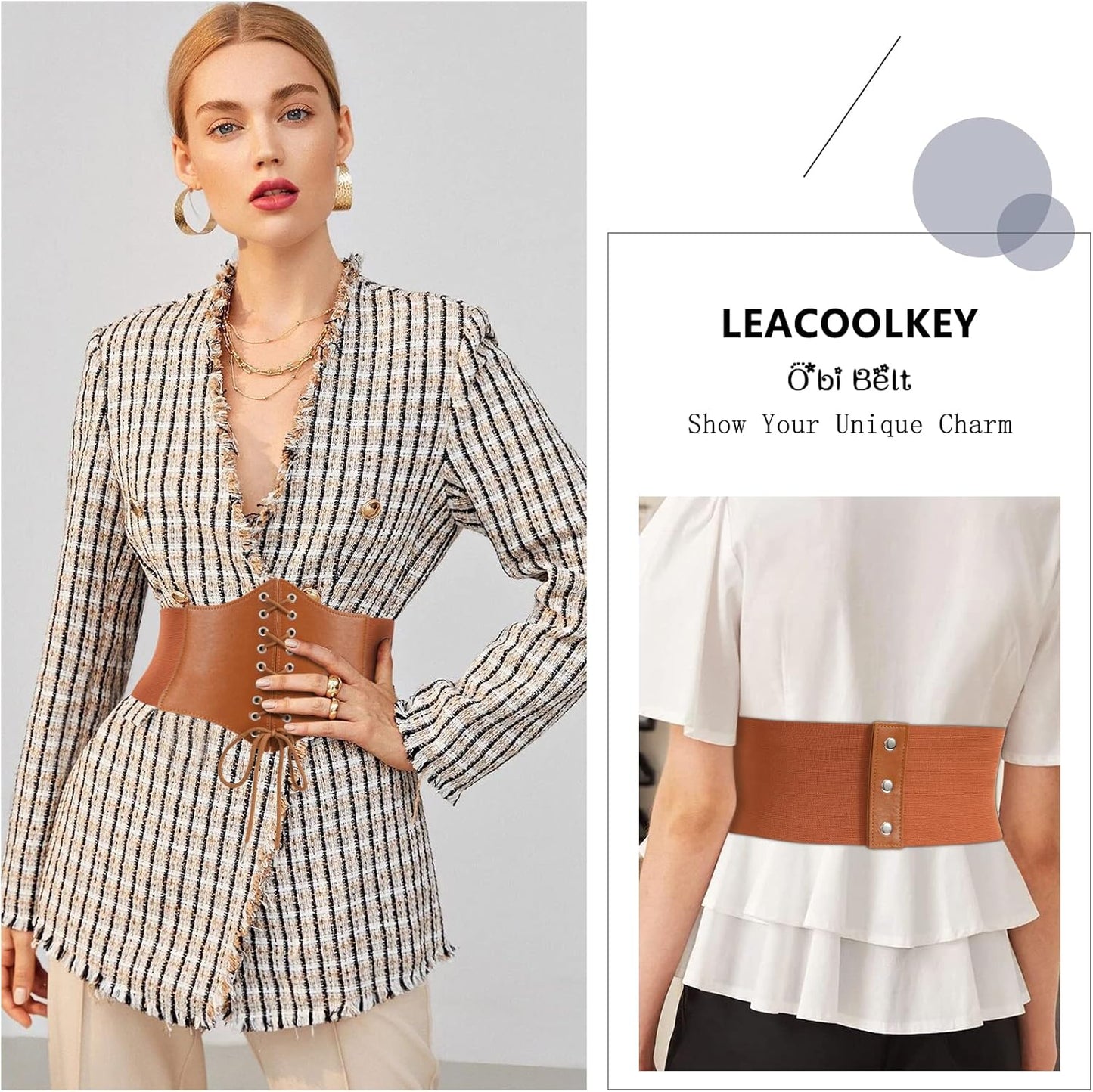 LEACOOLKEY Women Black Tied Waspie Belt, Lace-up Cinch Belt, Corset Elastic Waist Belt