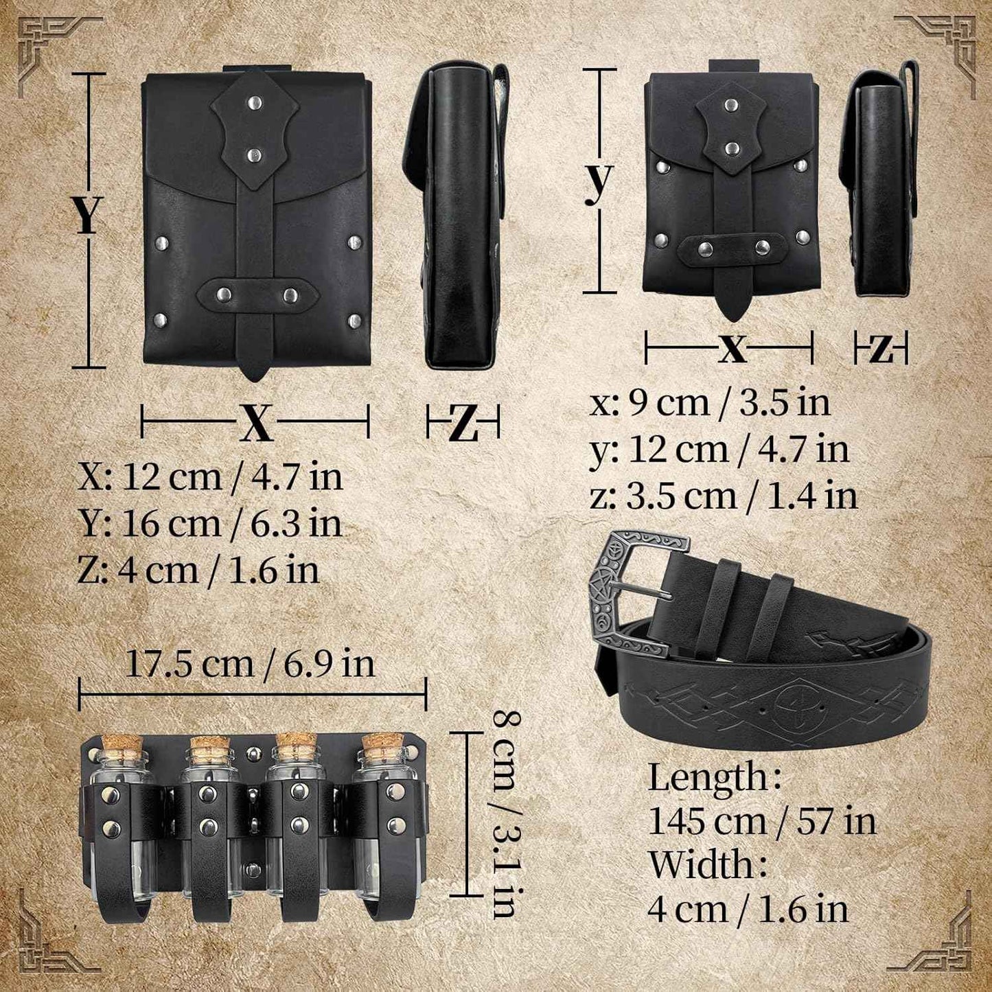 Medieval Alchemy Belt Waist Pack Combo with Multiple Potion Bottles, Viking Rivet Belt Side Pouch for Cosplay