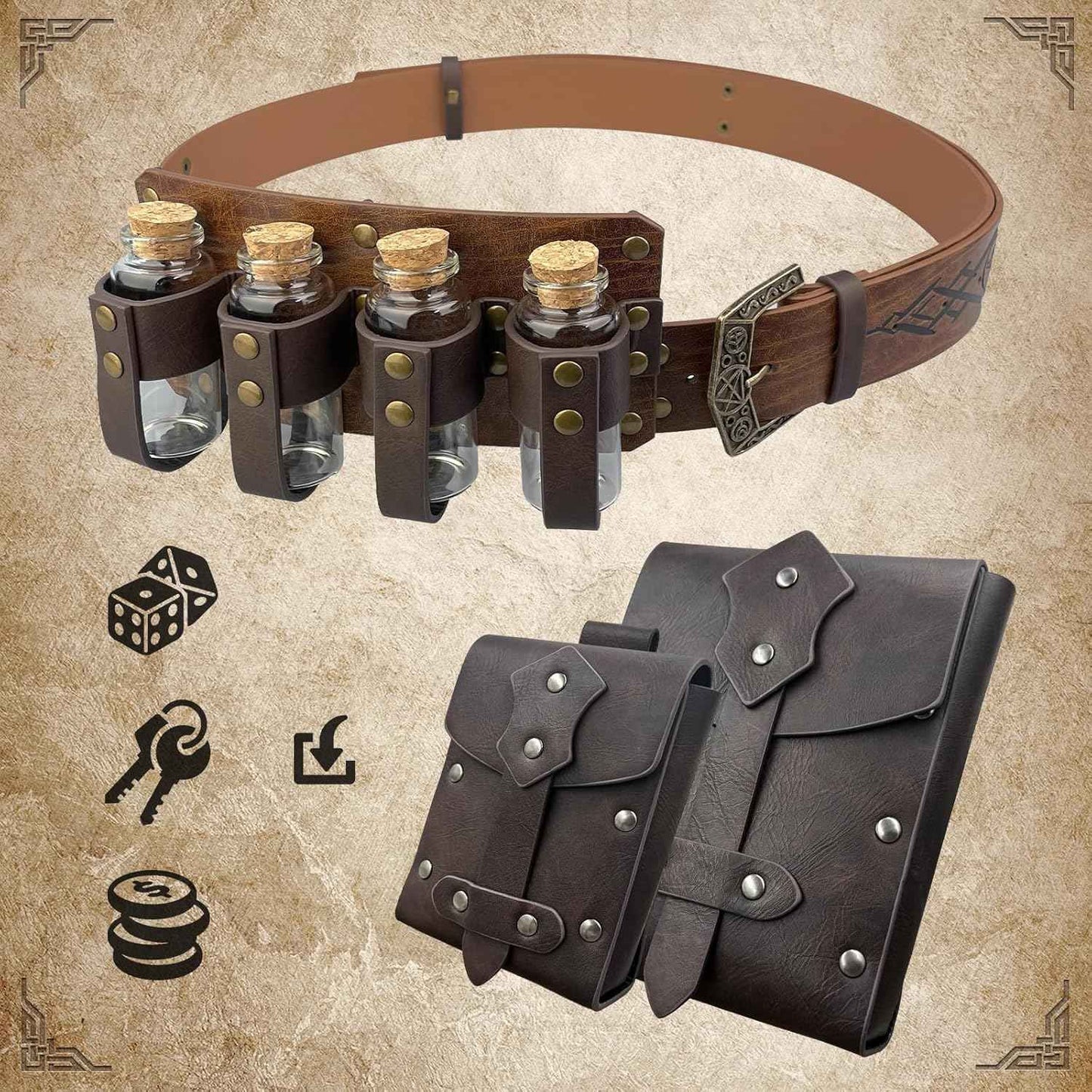 Medieval Alchemy Belt Waist Pack Combo with Multiple Potion Bottles, Viking Rivet Belt Side Pouch for Cosplay