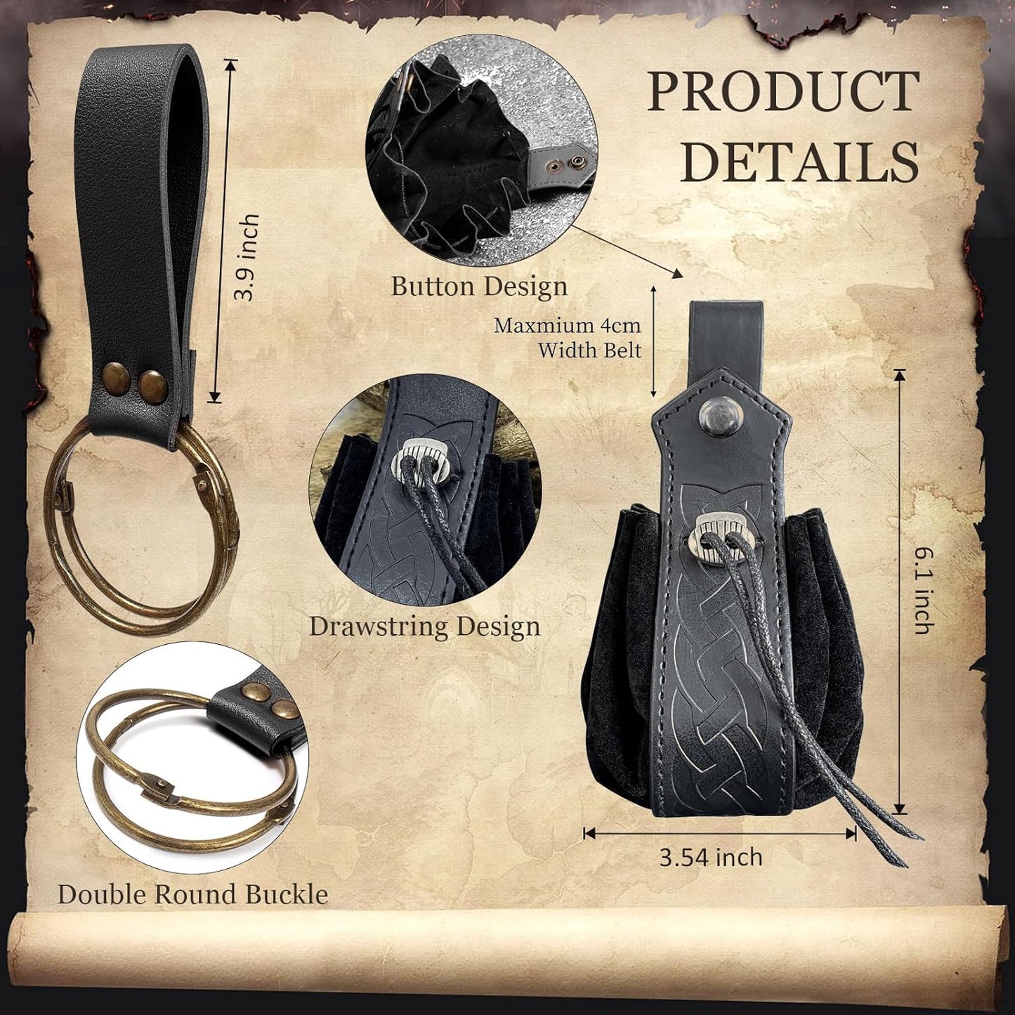 Belt Pouch Waist Bag Fanny Pack Steampunk Phone Holder Medieval Bag Leather Belt Renaissance Cosplay Costume Accessories (Tri-Black)