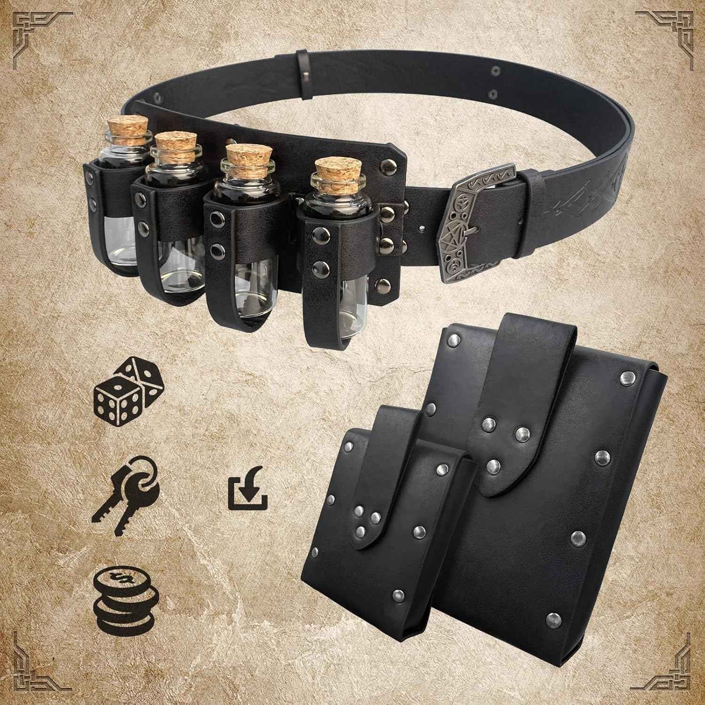 Medieval Alchemy Belt Waist Pack Combo with Multiple Potion Bottles, Viking Rivet Belt Side Pouch for Cosplay