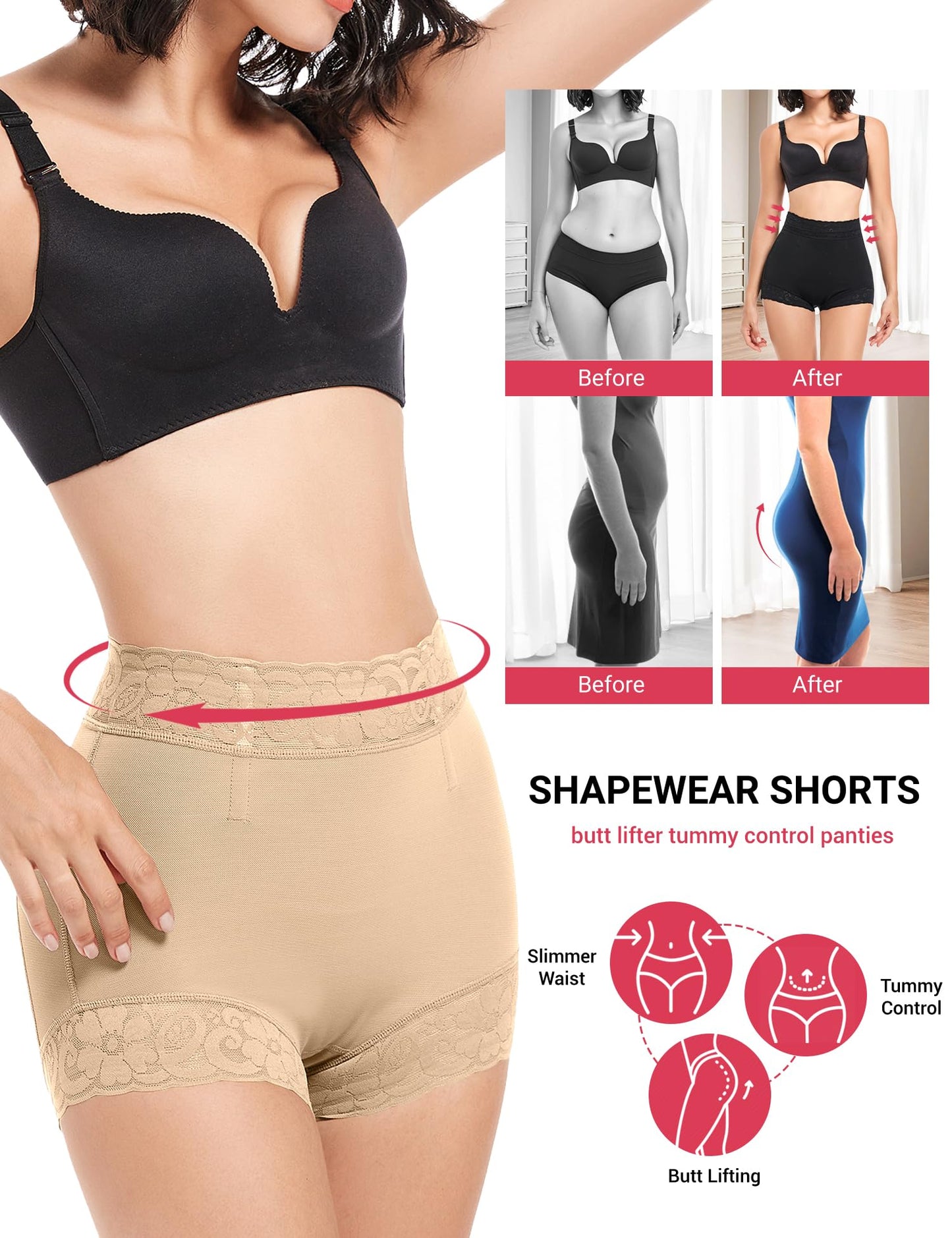 Butt Lifting Panties, Tummy Control Shapewear for Women Compression Underwear Short Lace Butt Lifter Shapewear