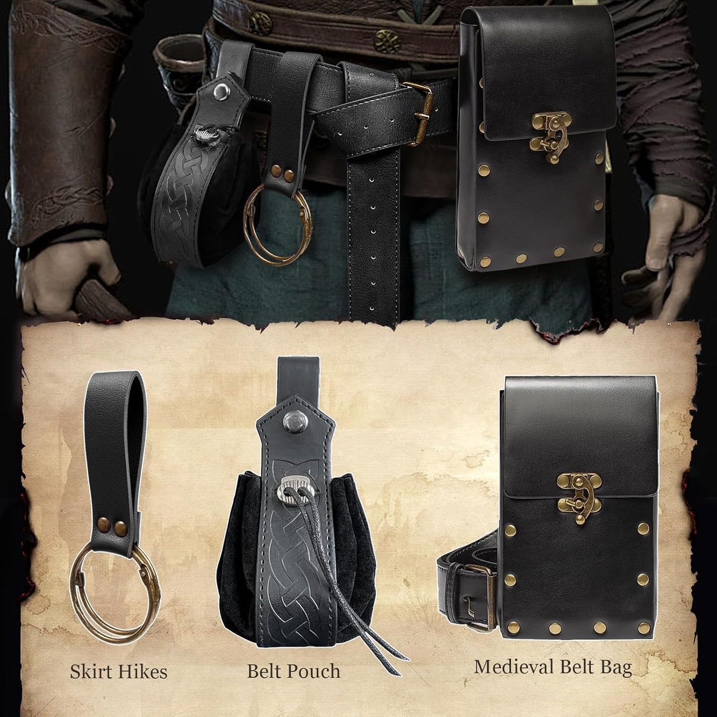 Belt Pouch Waist Bag Fanny Pack Steampunk Phone Holder Medieval Bag Leather Belt Renaissance Cosplay Costume Accessories (Tri-Black)