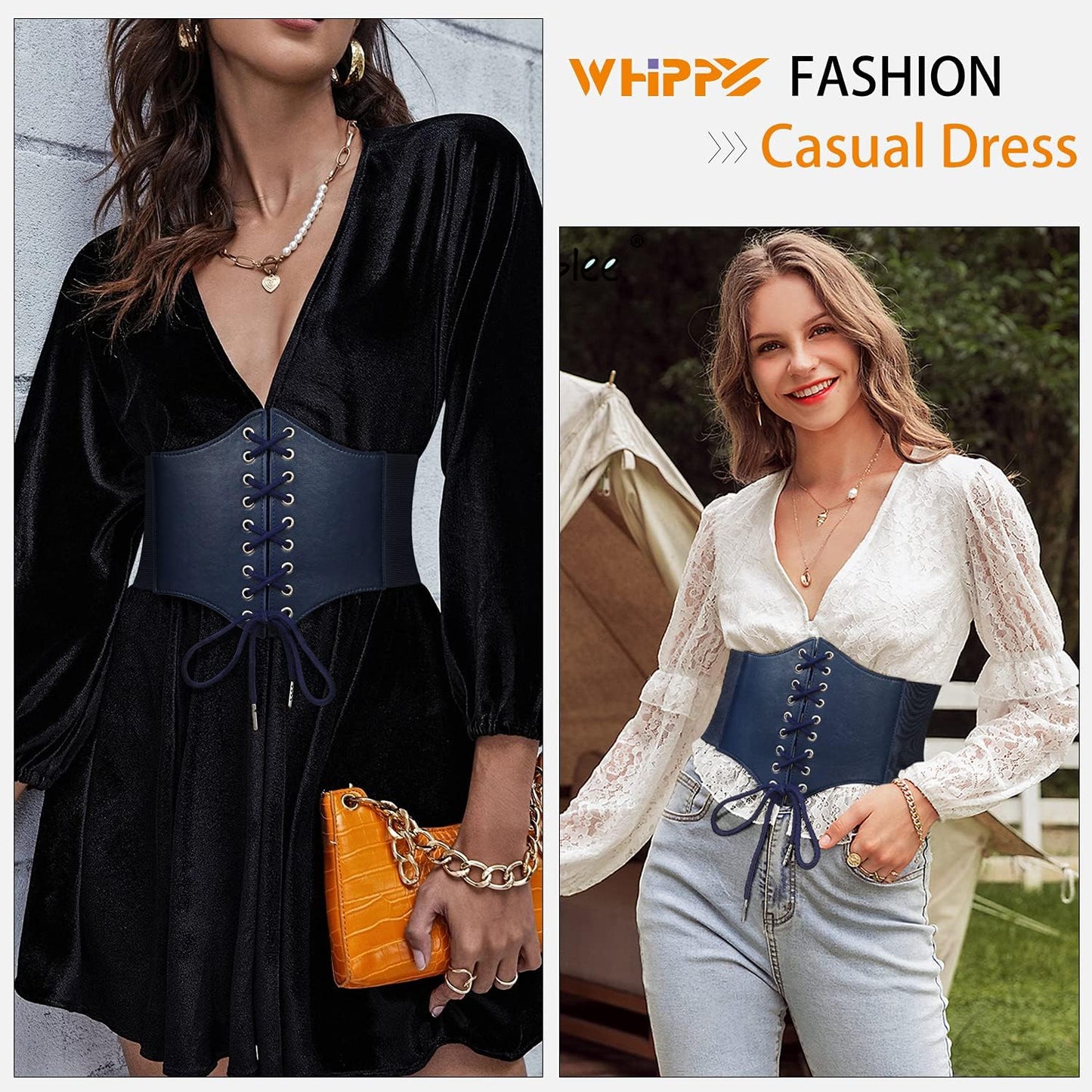 WHIPPY Women's Lace-up Corset Elastic Waist Belt, Tied Waspie Wide Belt for Women Halloween Costume