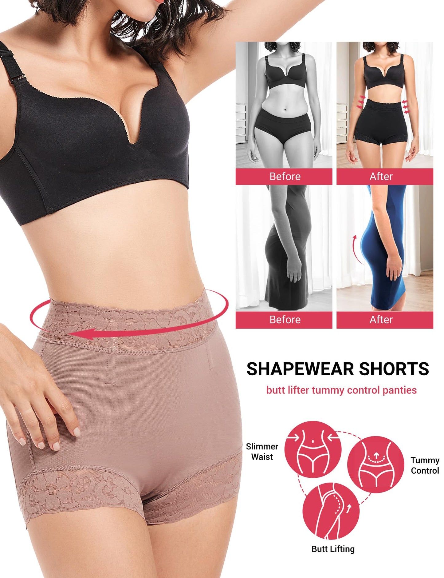 Butt Lifting Panties, Tummy Control Shapewear for Women Compression Underwear Short Lace Butt Lifter Shapewear