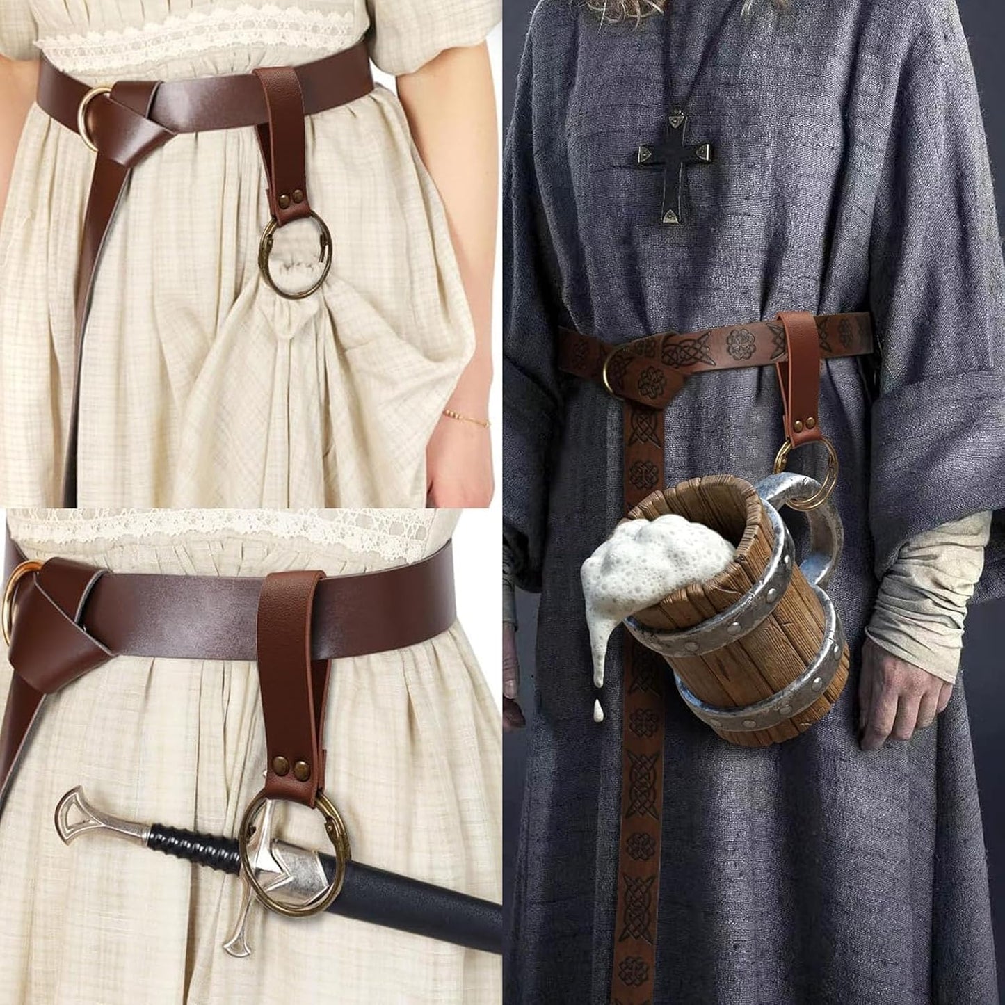 Belt Pouch Waist Bag Fanny Pack Steampunk Phone Holder Medieval Bag Leather Belt Renaissance Cosplay Costume Accessories (Tri-Black)