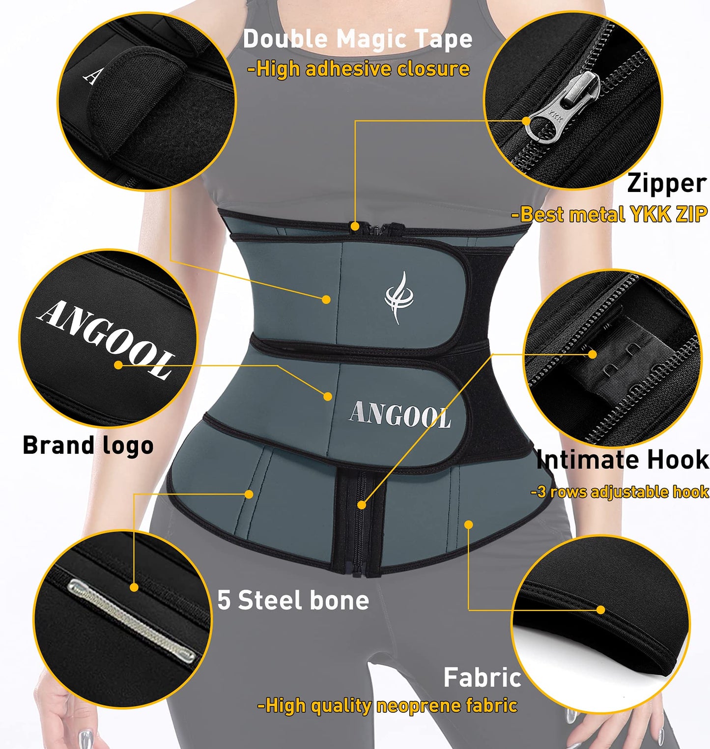ANGOOL Neopren Waist Trainer for Women,Workout Plus Size Trimmer Belt Sauna Sweat Corset Cincher with Zipper