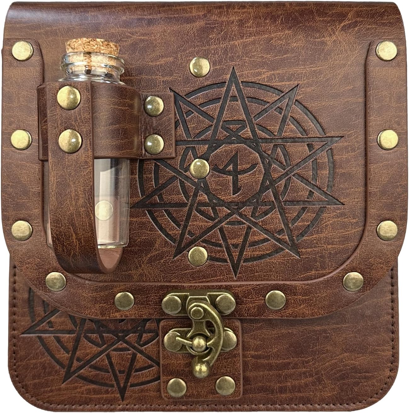 HiiFeuer Medieval Alchemy Faux Leather Belt Bag with 4 Cork Potion Vials, Fantasy Wizard Waist Pouch Side Pack for Ren Faire (Light Brown A)