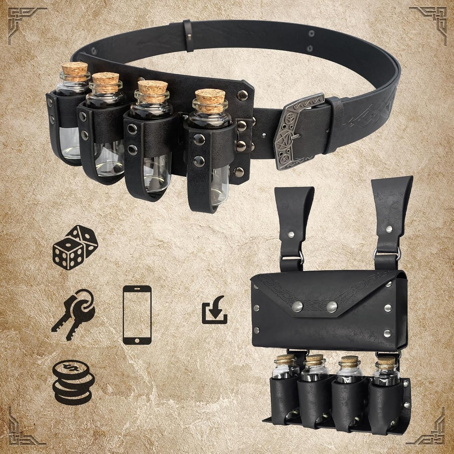 Medieval Alchemy Belt Waist Pack Combo with Multiple Potion Bottles, Viking Rivet Belt Side Pouch for Cosplay