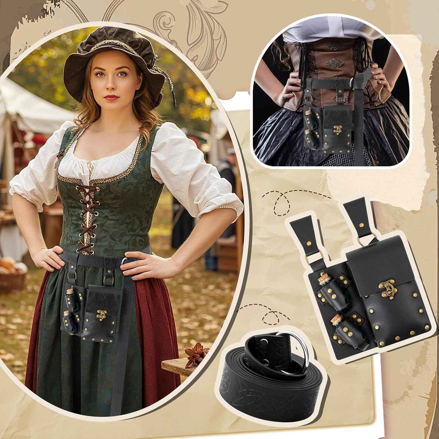Geyoga Renaissance Belt Pouch with Potion Bottles Halloween Medieval Costume Accessories Waist Bag Cosplay
