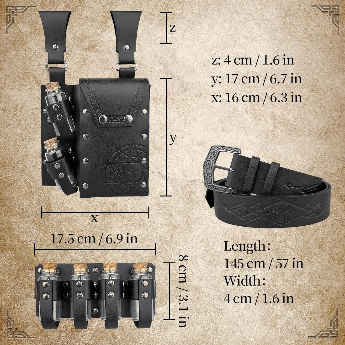 Medieval Alchemy Belt Waist Pack Combo with Multiple Potion Bottles, Viking Rivet Belt Side Pouch for Cosplay