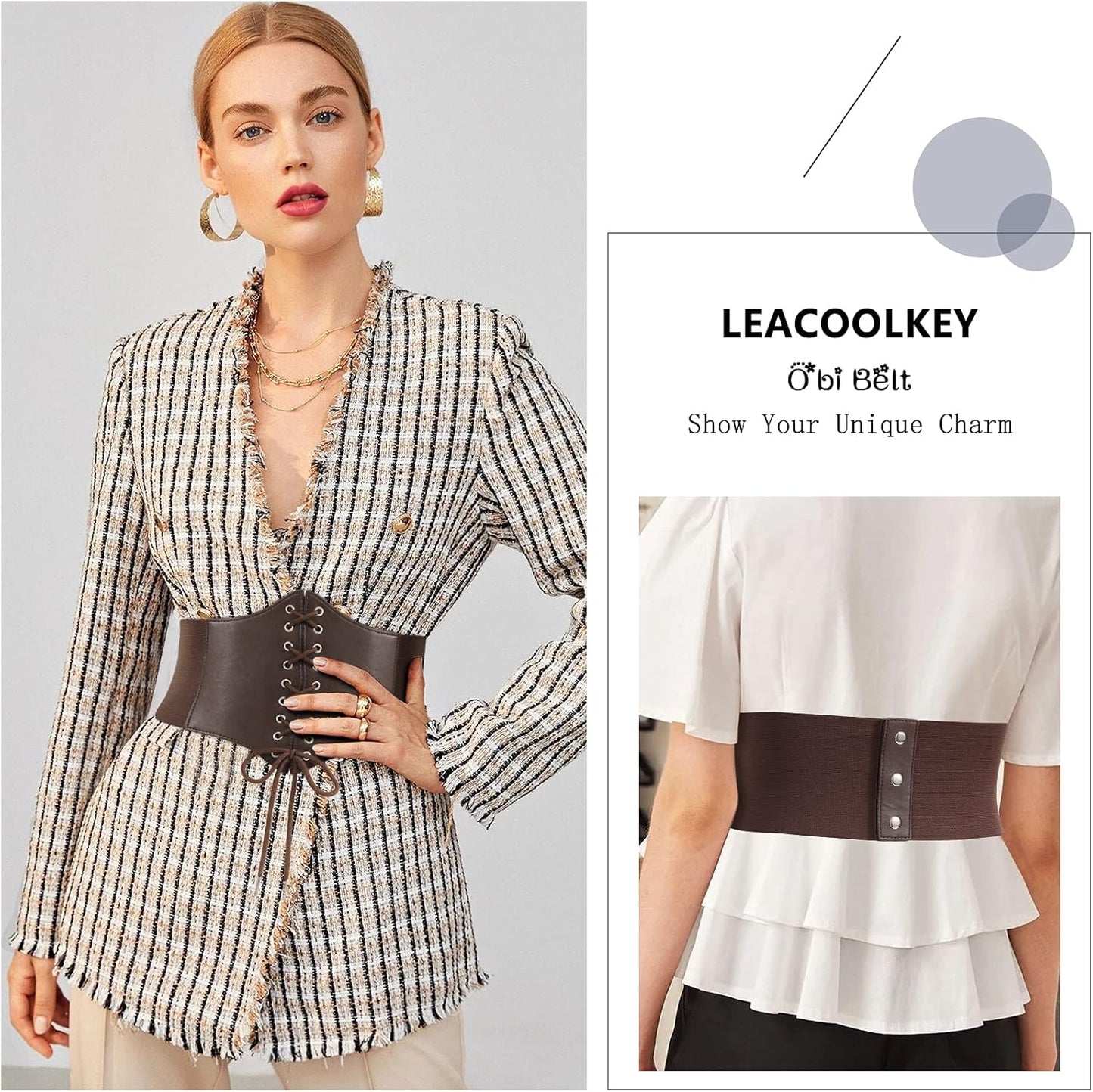LEACOOLKEY Women Black Tied Waspie Belt, Lace-up Cinch Belt, Corset Elastic Waist Belt